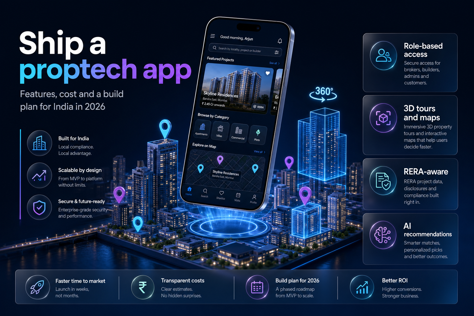 Real estate app floating above a city skyline model with 3D tours and map pins