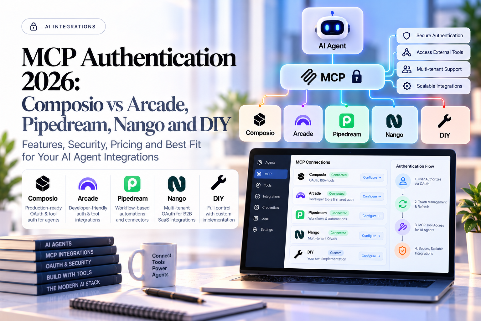 Title card comparing MCP authentication options Composio, Arcade, Pipedream, Nango and DIY with an OAuth flow diagram