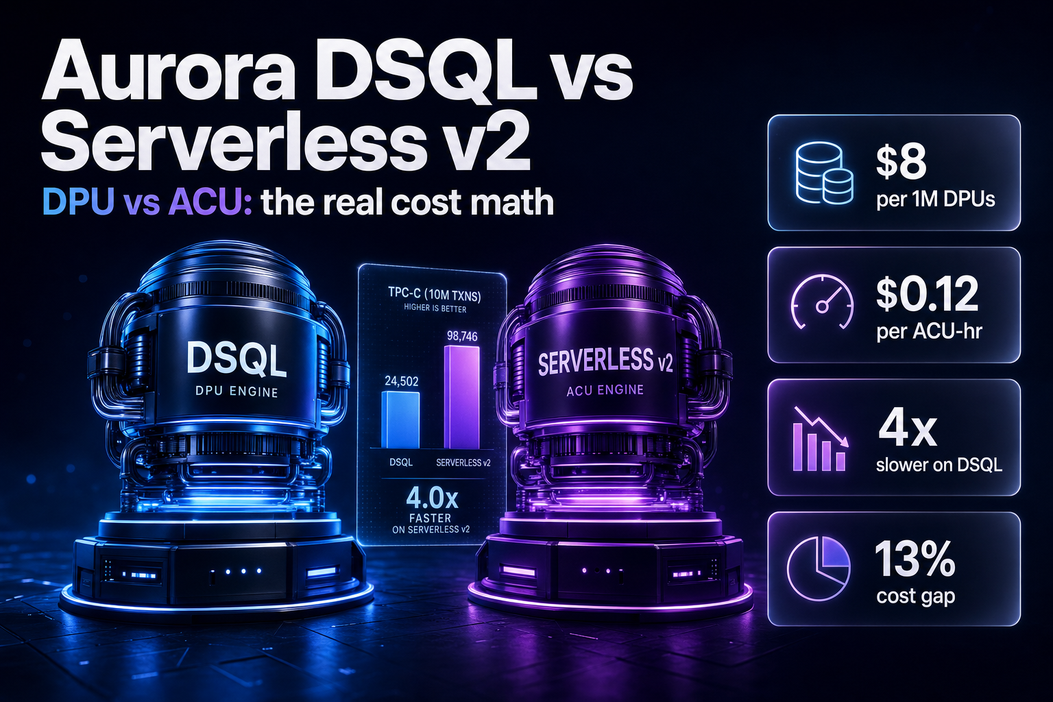 Two glowing database engine cores side by side with a benchmark chart between them
