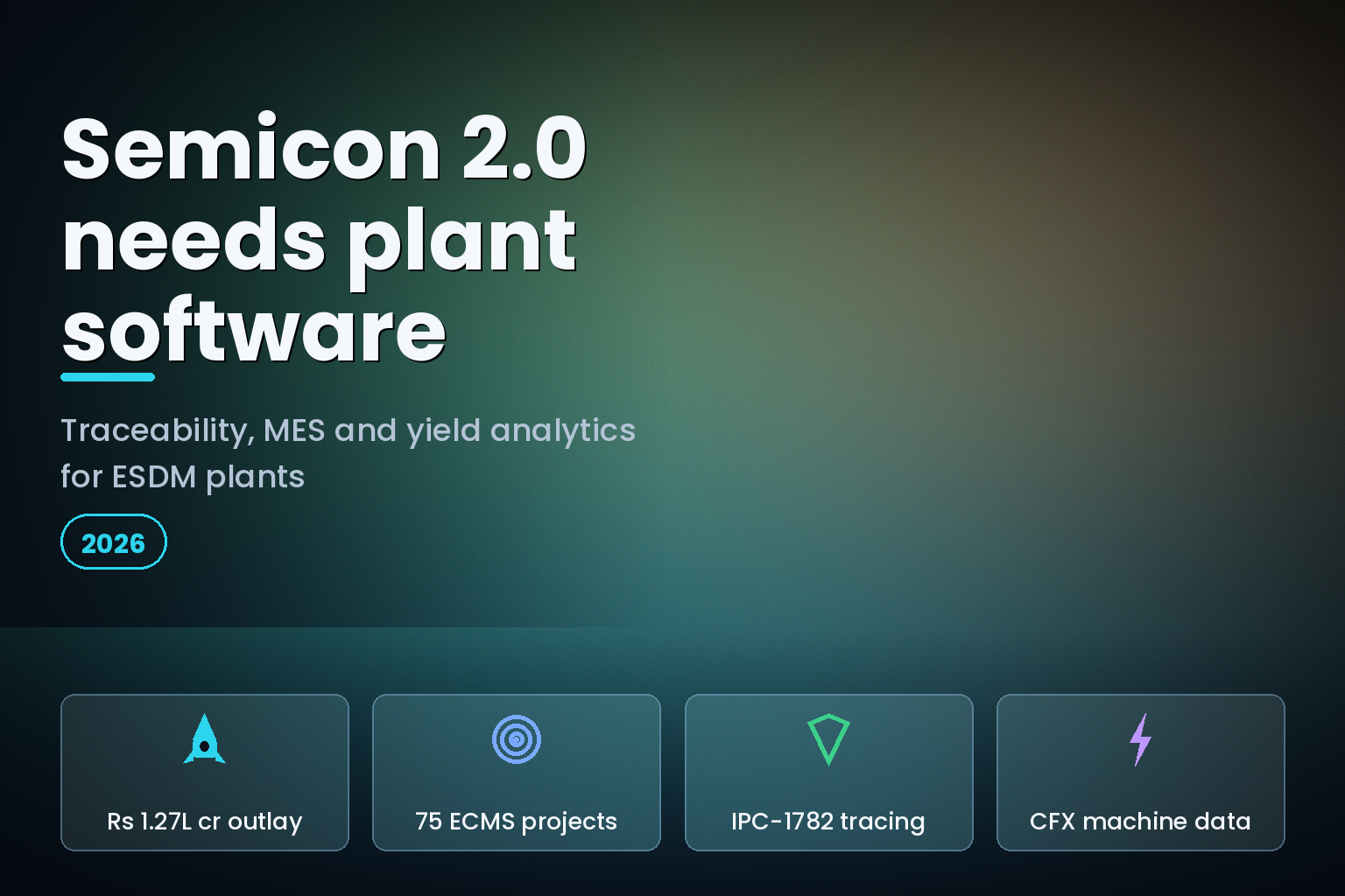 Dark hero graphic reading Semicon 2.0 needs plant software, with traceability, MES and yield analytics for Indian ESDM plants
