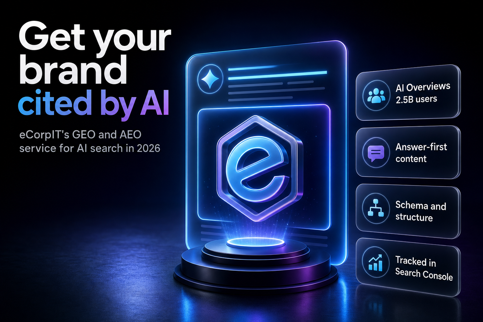 Glowing brand emblem inside a luminous AI answer panel with citation links