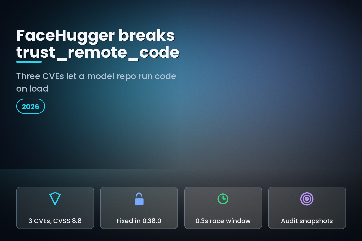 Dark hero graphic titled FaceHugger breaks trust_remote_code, listing three Diffusers CVEs and the 0.38.0 fix