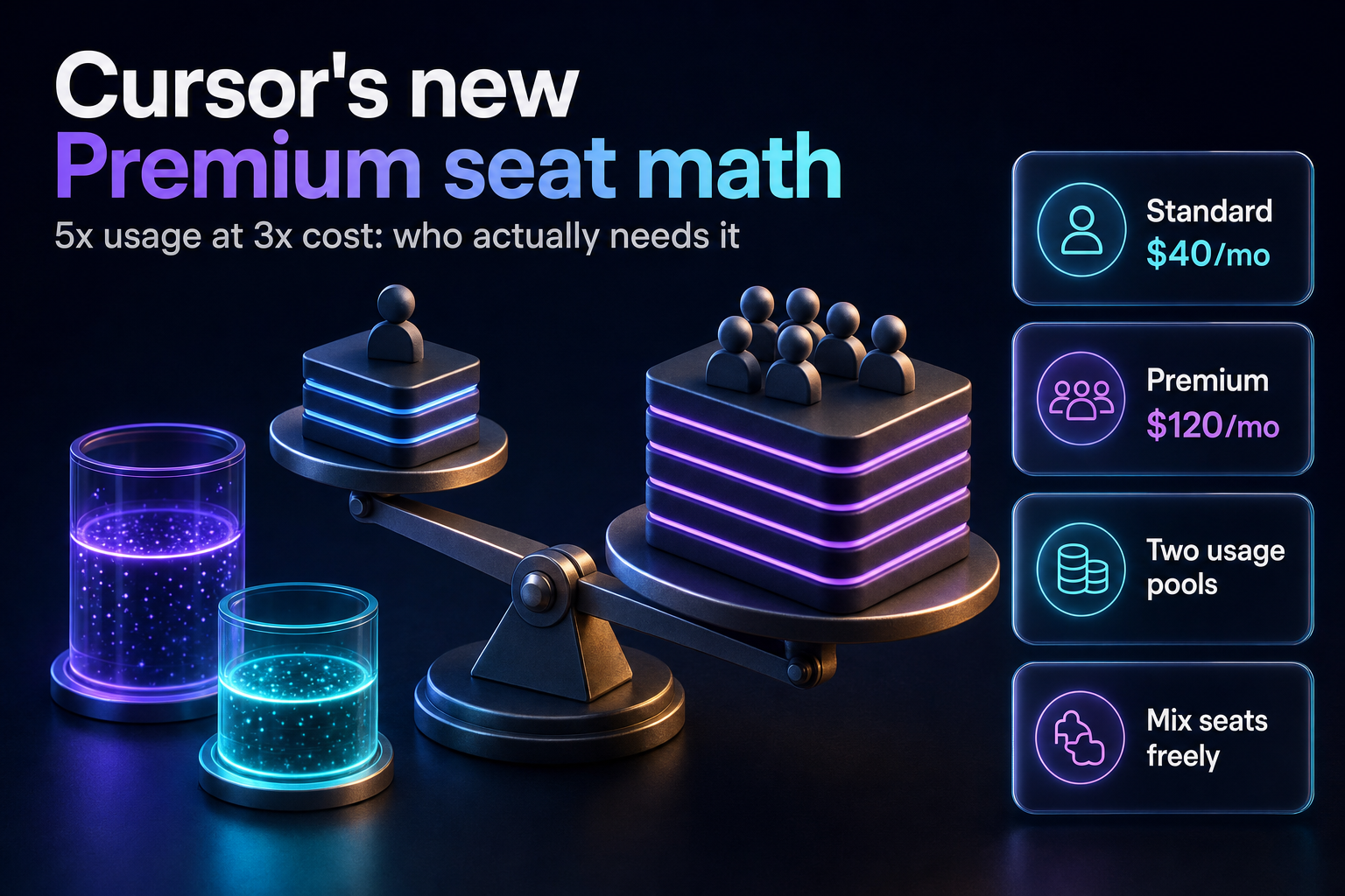 Isometric illustration of two developer seat tiers on a balance scale beside glowing usage-pool cylinders