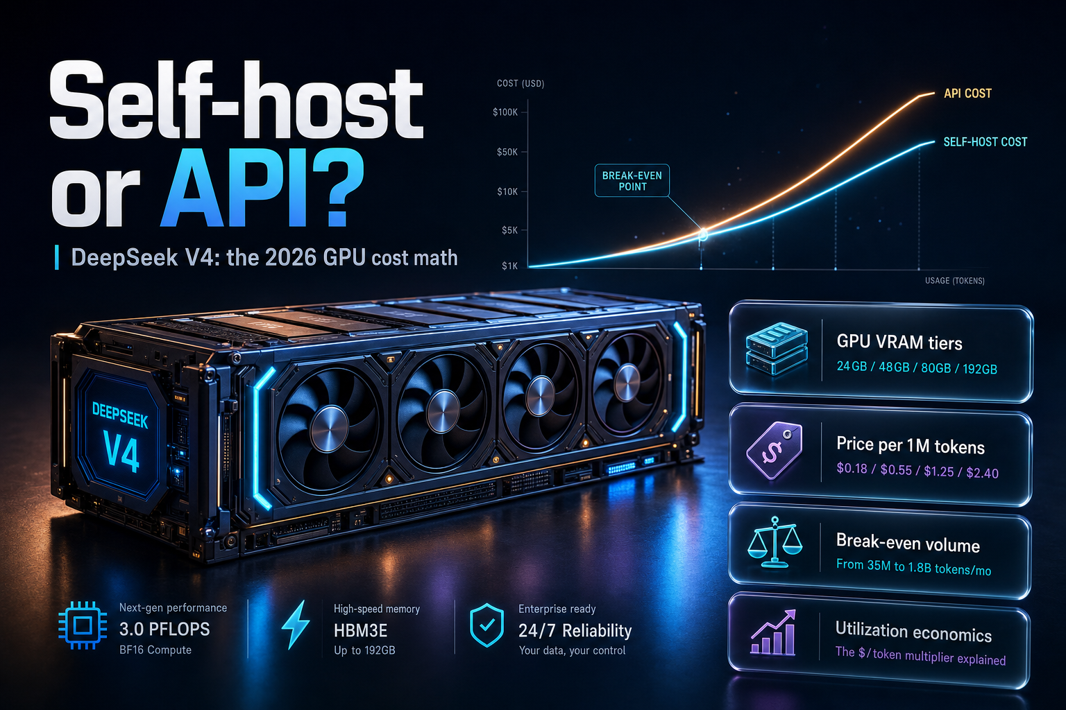 Glowing GPU server module on a dark studio surface, representing DeepSeek V4 self-hosting cost