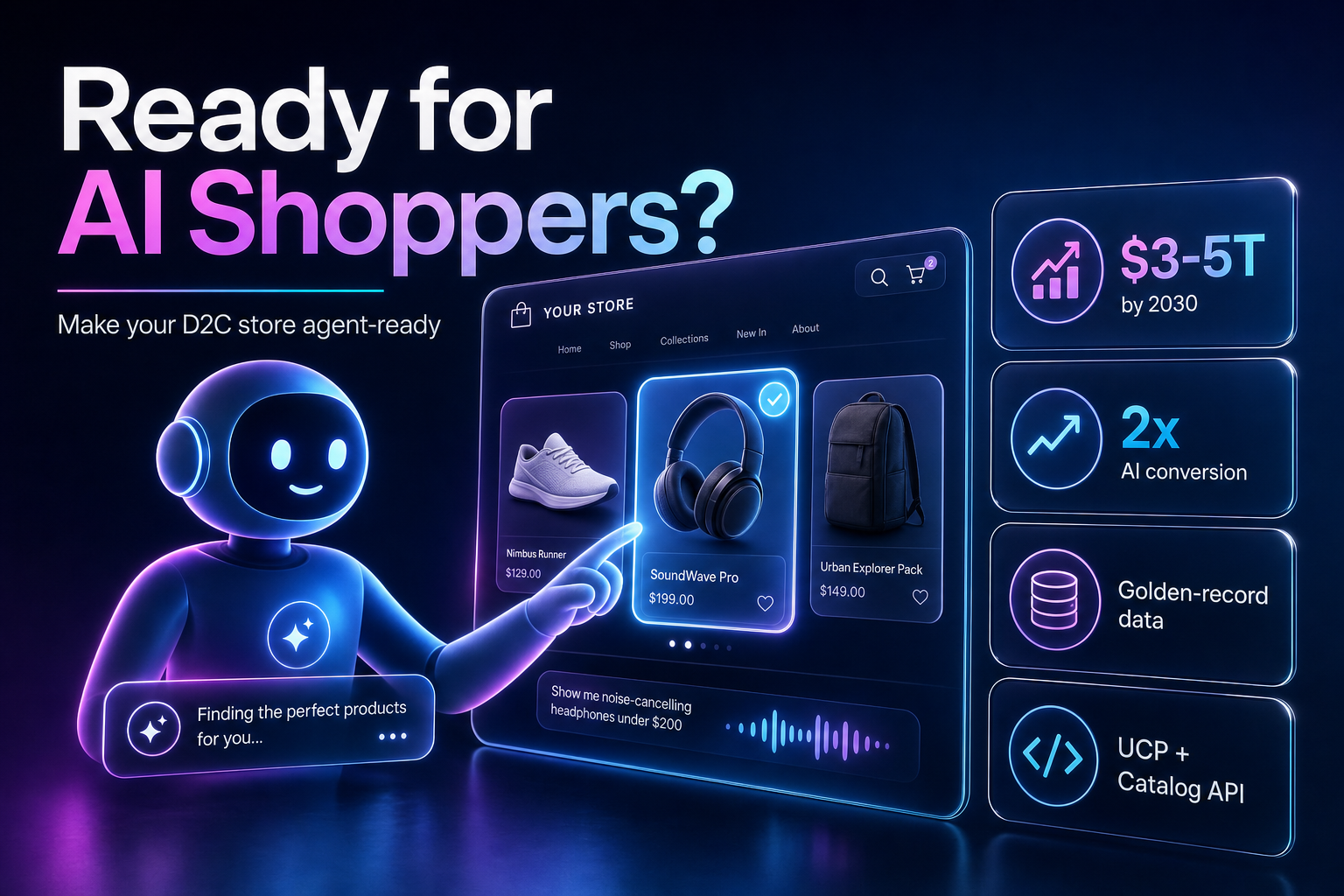 An AI shopping agent avatar selecting glowing product cards from a storefront