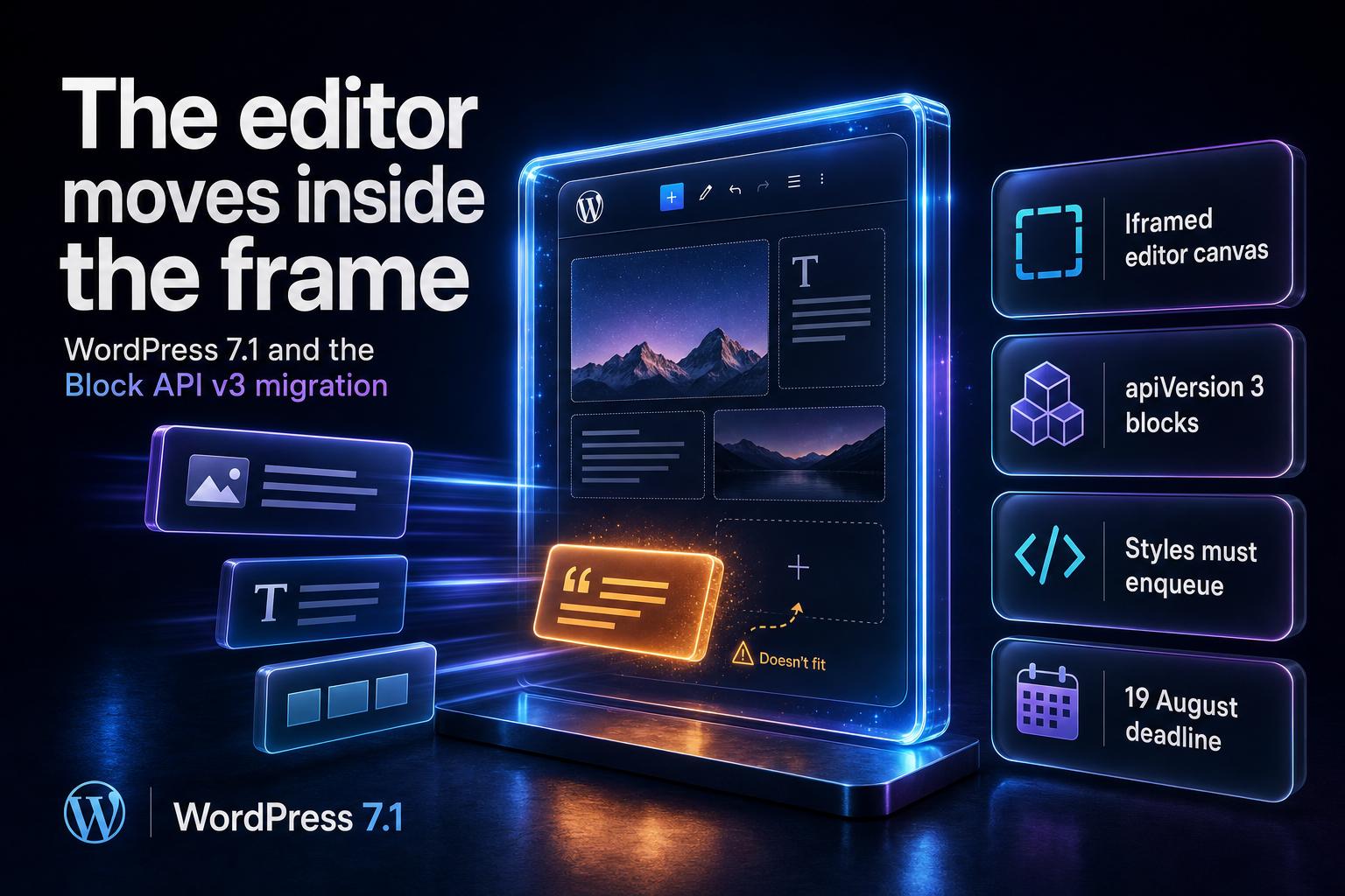 Content blocks arranged inside a glowing glass frame, with one amber block left outside it