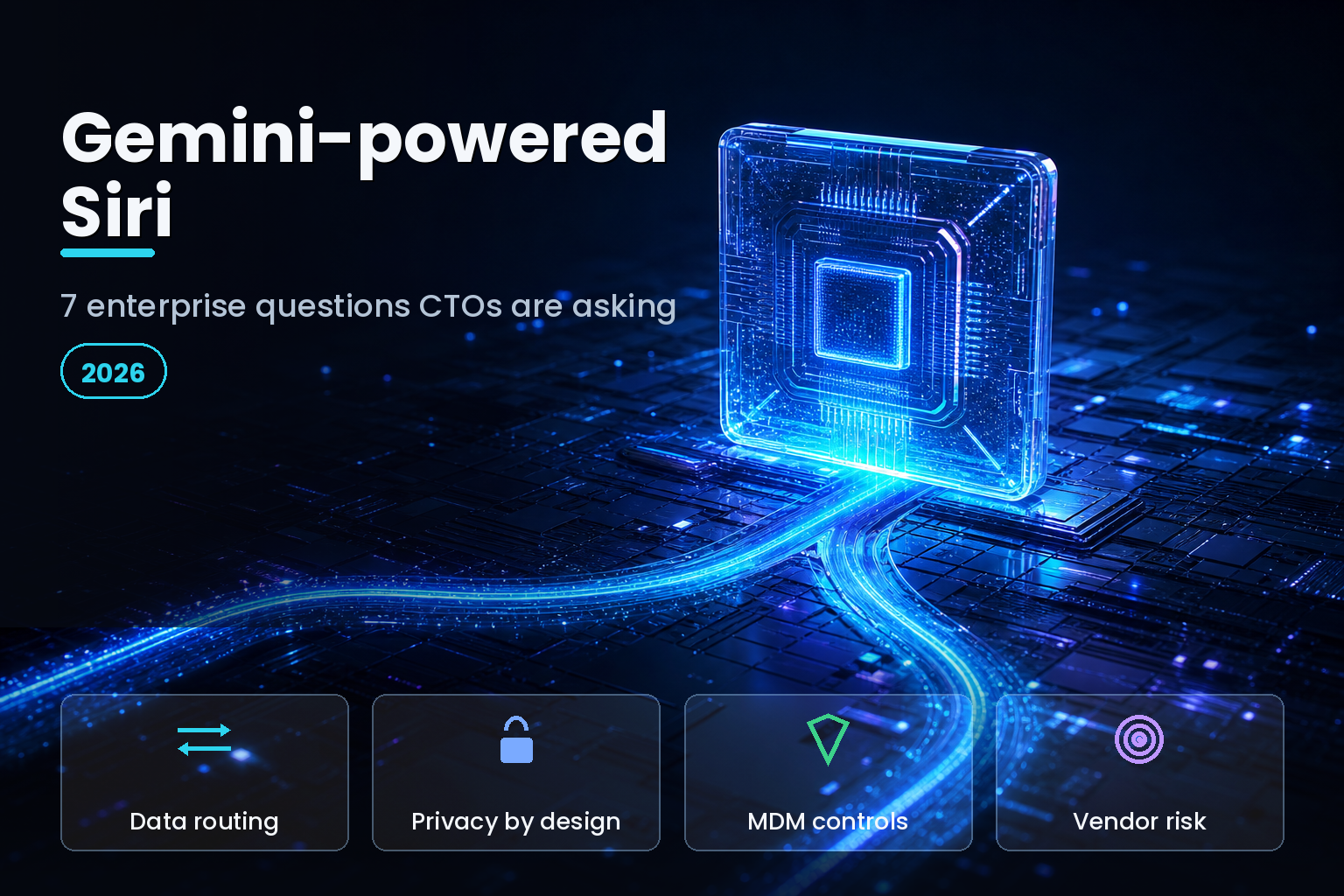 Glowing AI processor chip on a dark circuit board with three branching data pathways