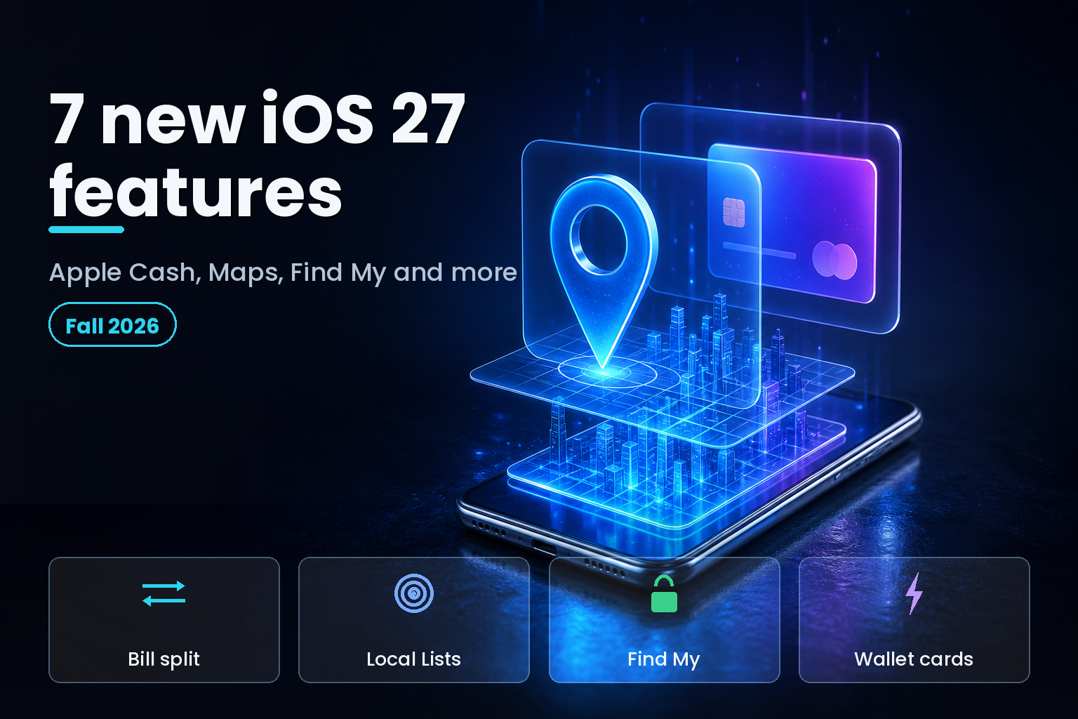 Smartphone projecting holographic map, location pin and payment card panels on dark background