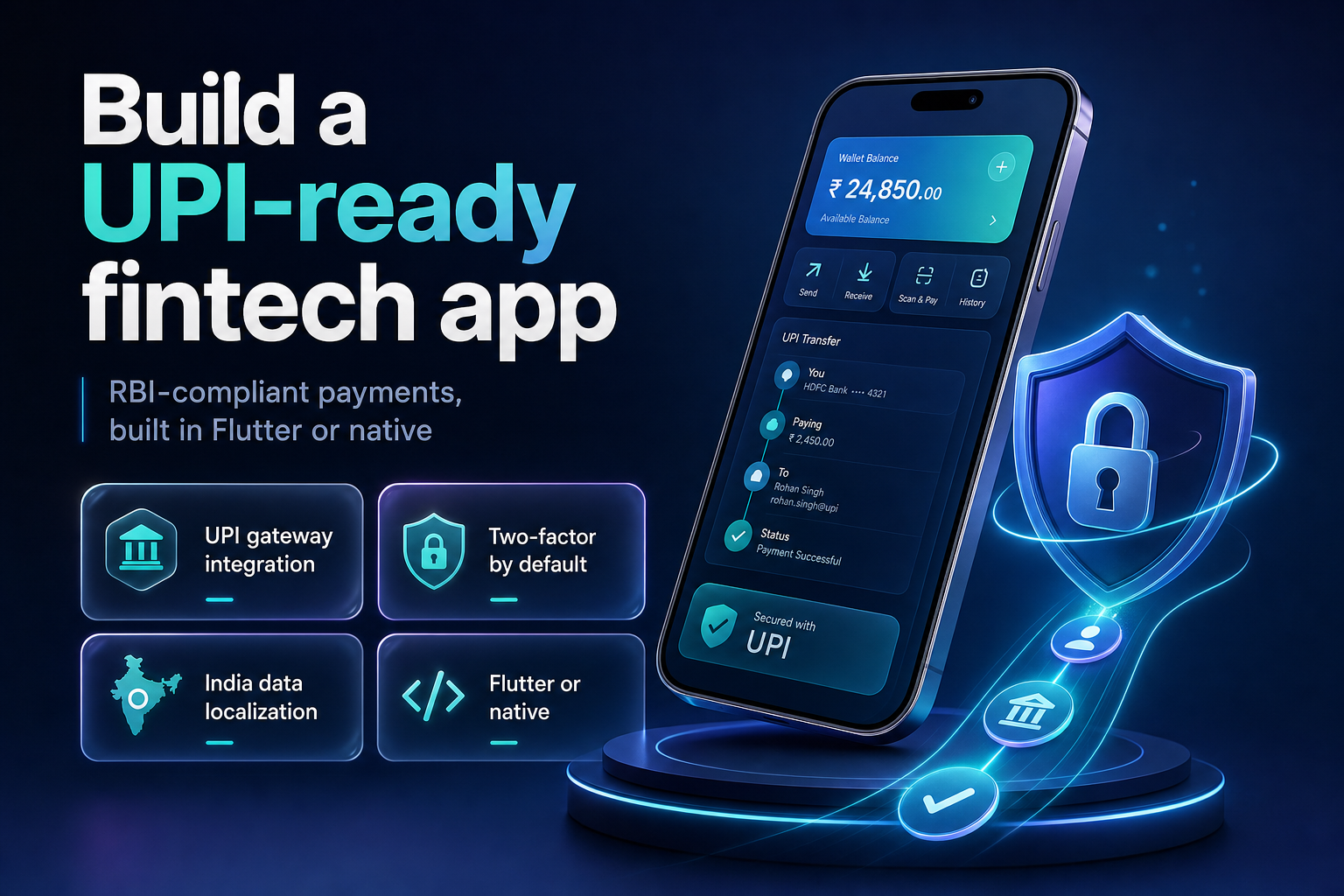 Fintech app on a phone with a secure payment shield and flow