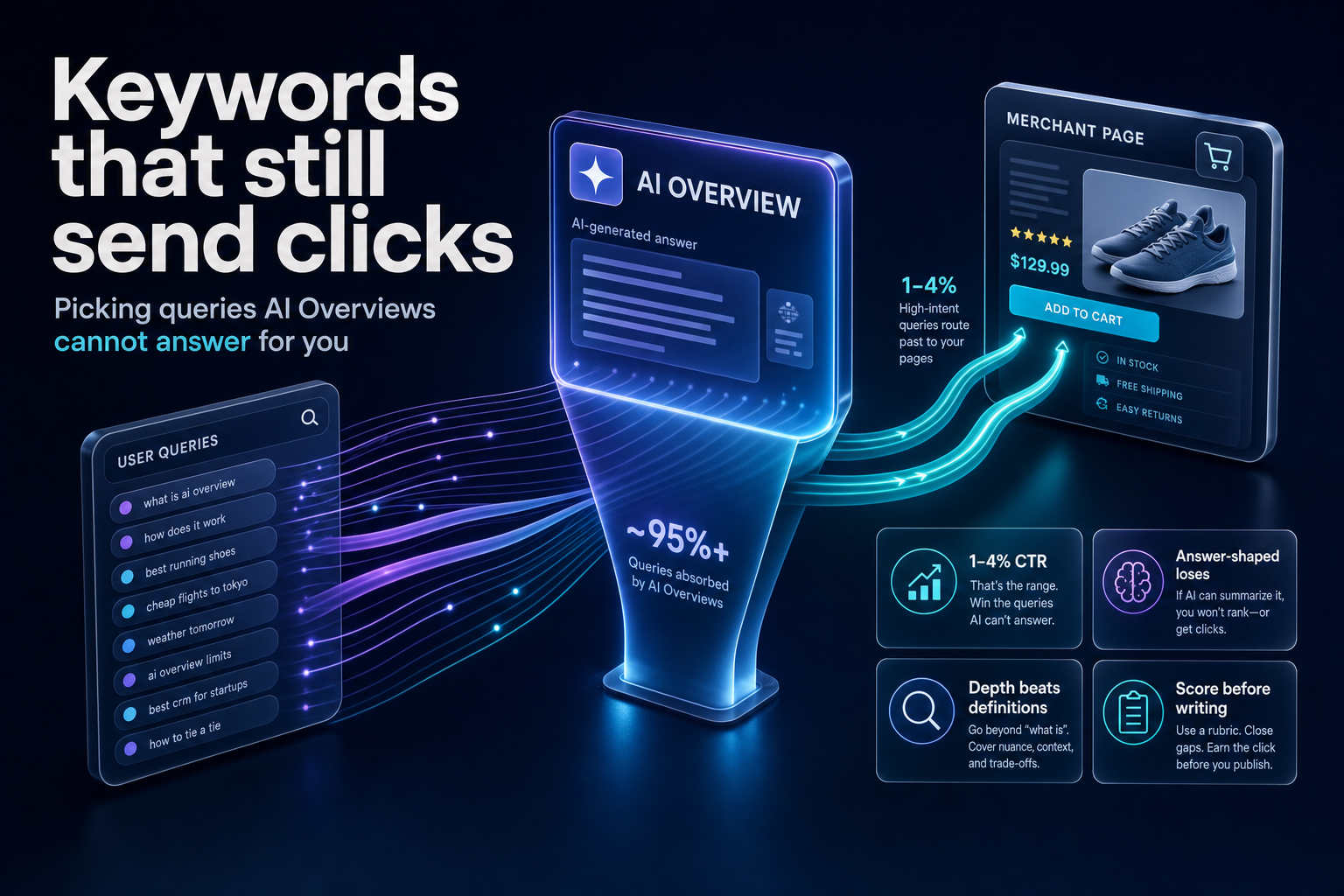 Framework diagram for selecting keywords that still send clicks after Google AI Overviews in 2026