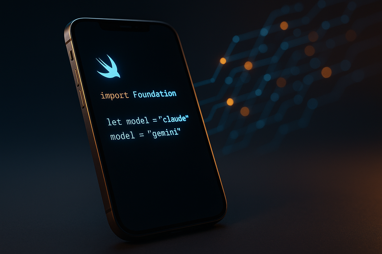 Modern smartphone displaying code with neural network visualization in background