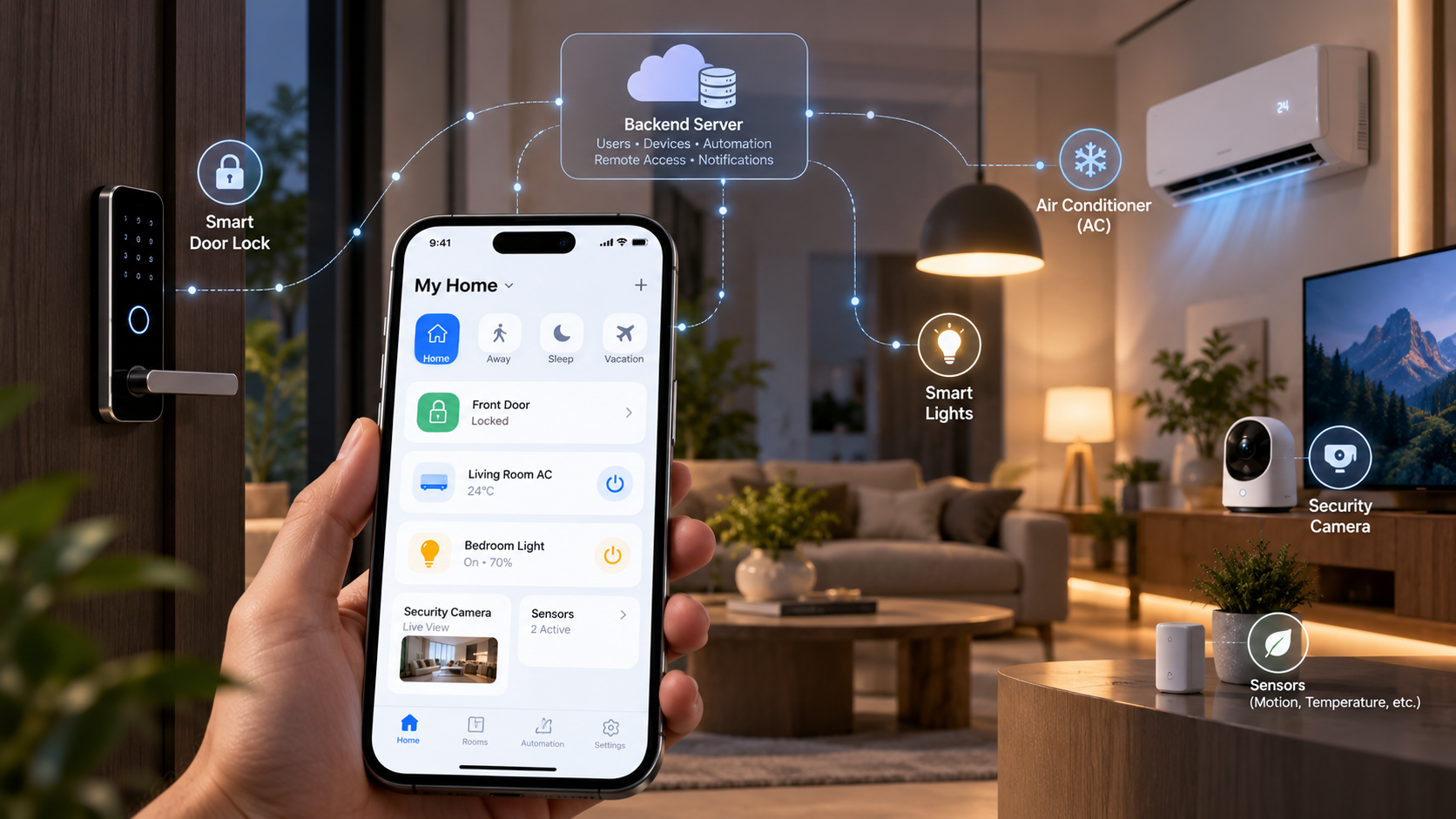 Smart home app on an iPhone controlling a door lock, air conditioner, lights, camera and sensors through a backend server