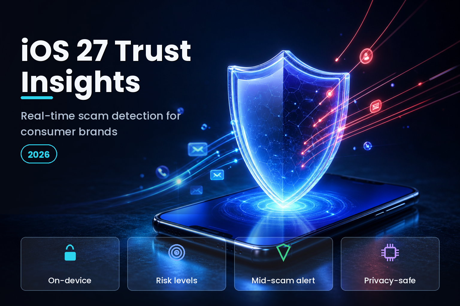 Glowing shield protecting a smartphone from incoming scam signals on a dark background