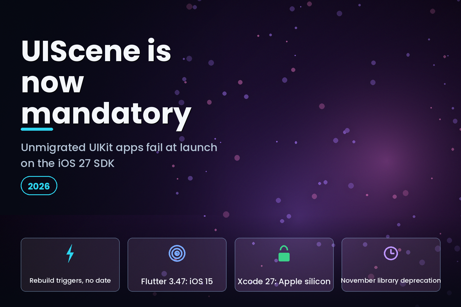 iOS 27 UIScene migration: the iOS 27 SDK makes the scene life cycle mandatory and Flutter 3.47 raises the iOS floor to 15.