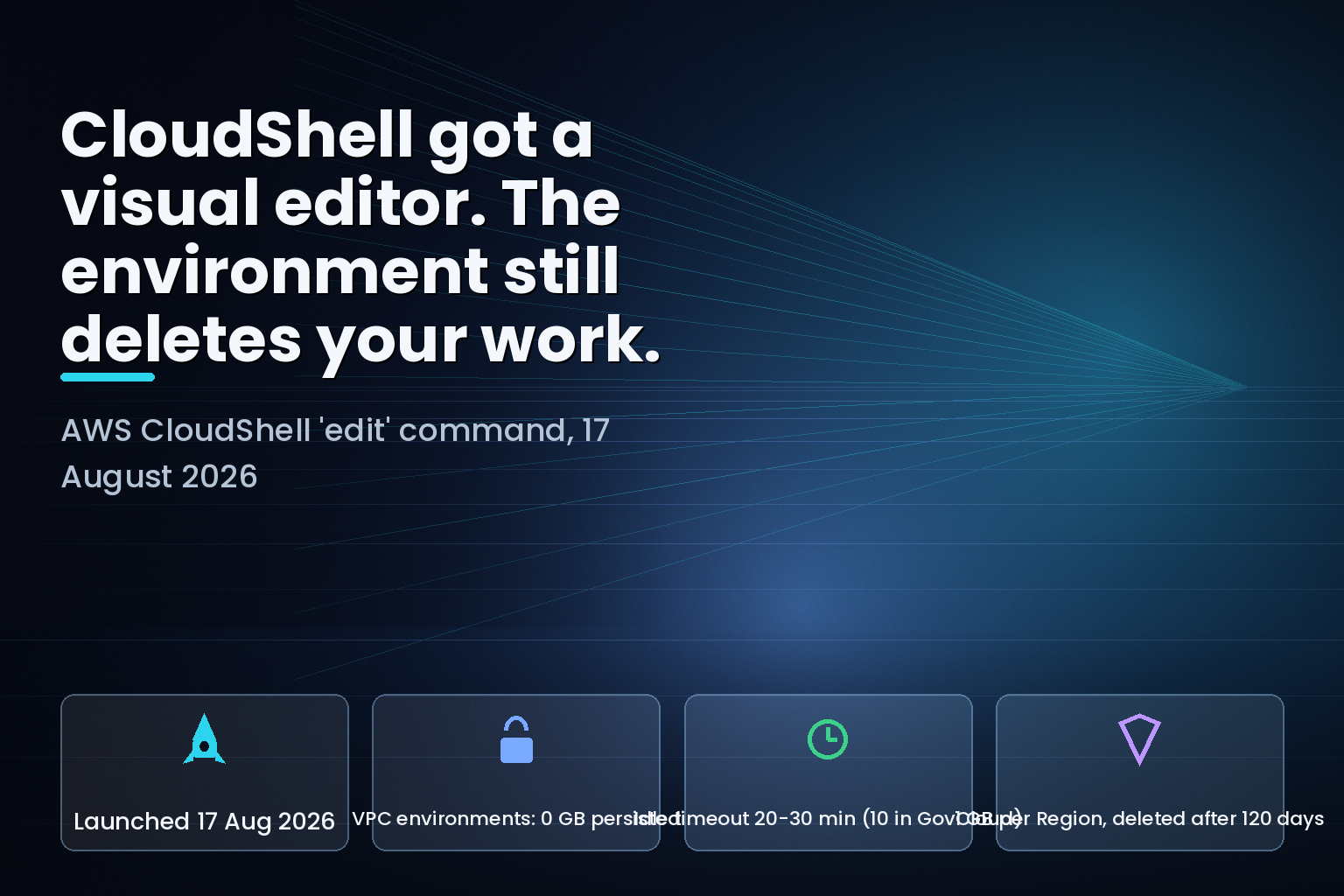 AWS CloudShell visual file editor launched 17 August 2026 with VPC environment storage and session timeout limits