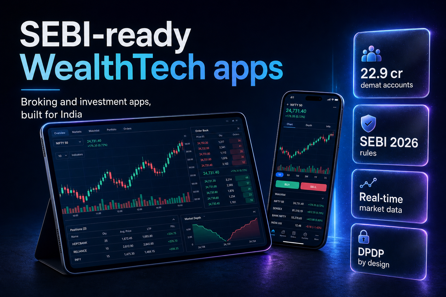 Trading and investment app UI on a tablet and phone with candlestick charts