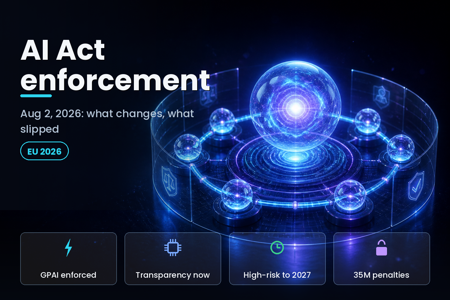 3D glowing AI core orb encircled by luminous nodes over a faint grid on a dark background