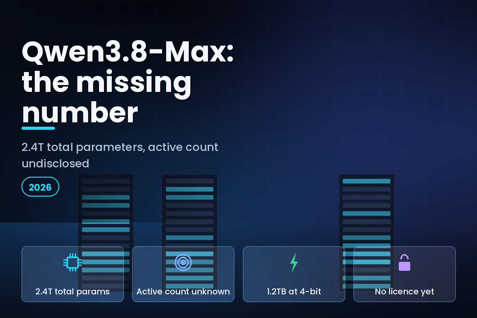 Dark data hall server racks with lit GPU slots, representing trillion-parameter model serving