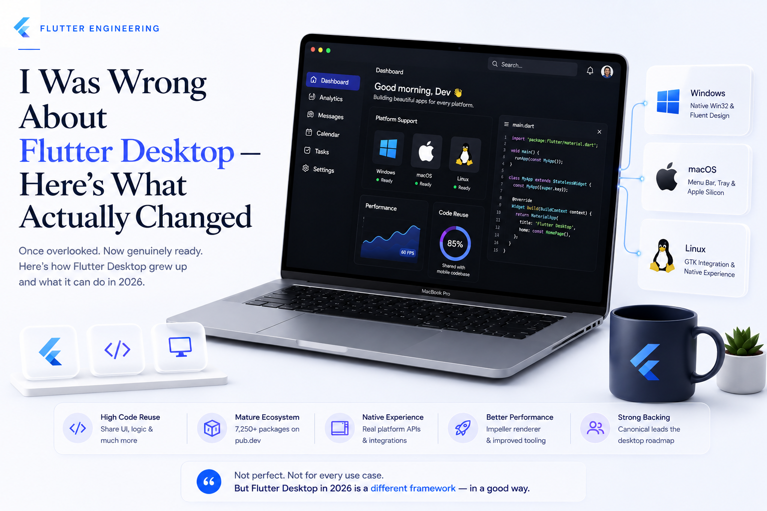 Flutter Desktop in 2026 — a dashboard app on macOS with Windows, macOS and Linux platform-support panels.