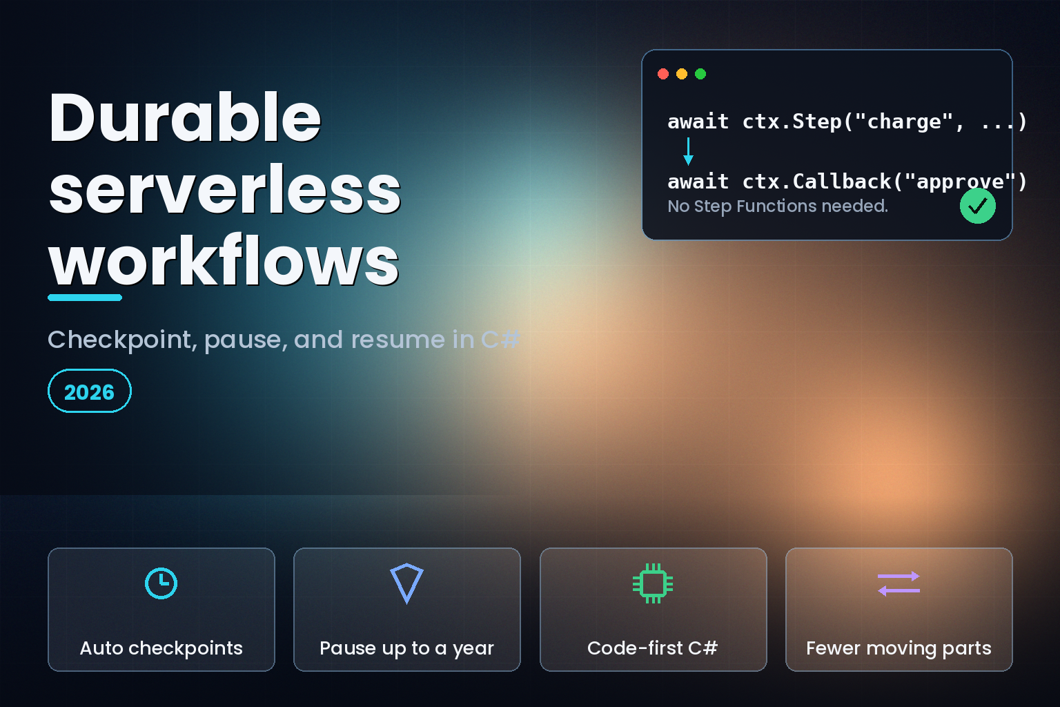 Abstract server processor hero with glowing checkpoint nodes for Lambda durable execution