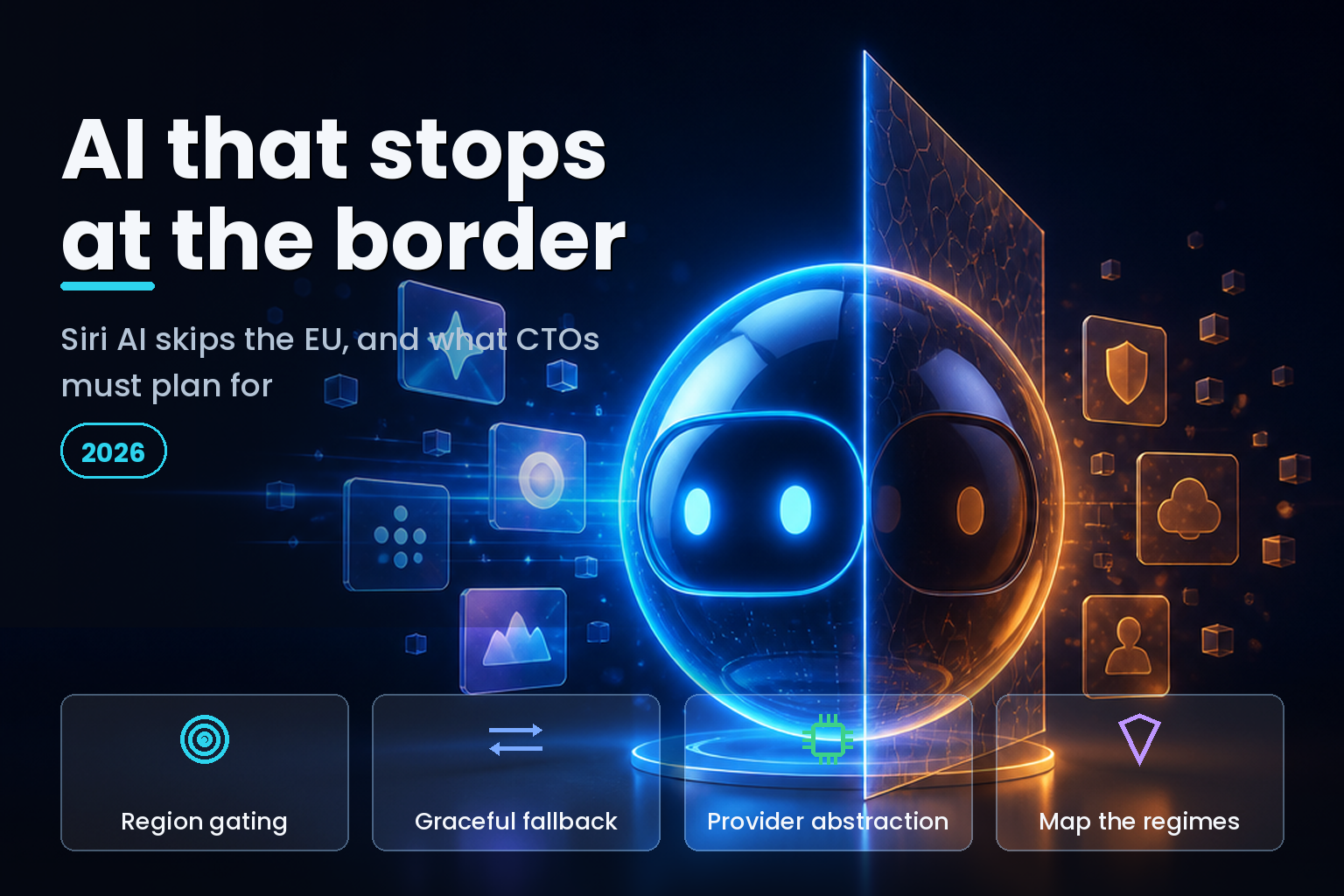 A glowing AI assistant orb split by a translucent regulatory barrier on a dark background