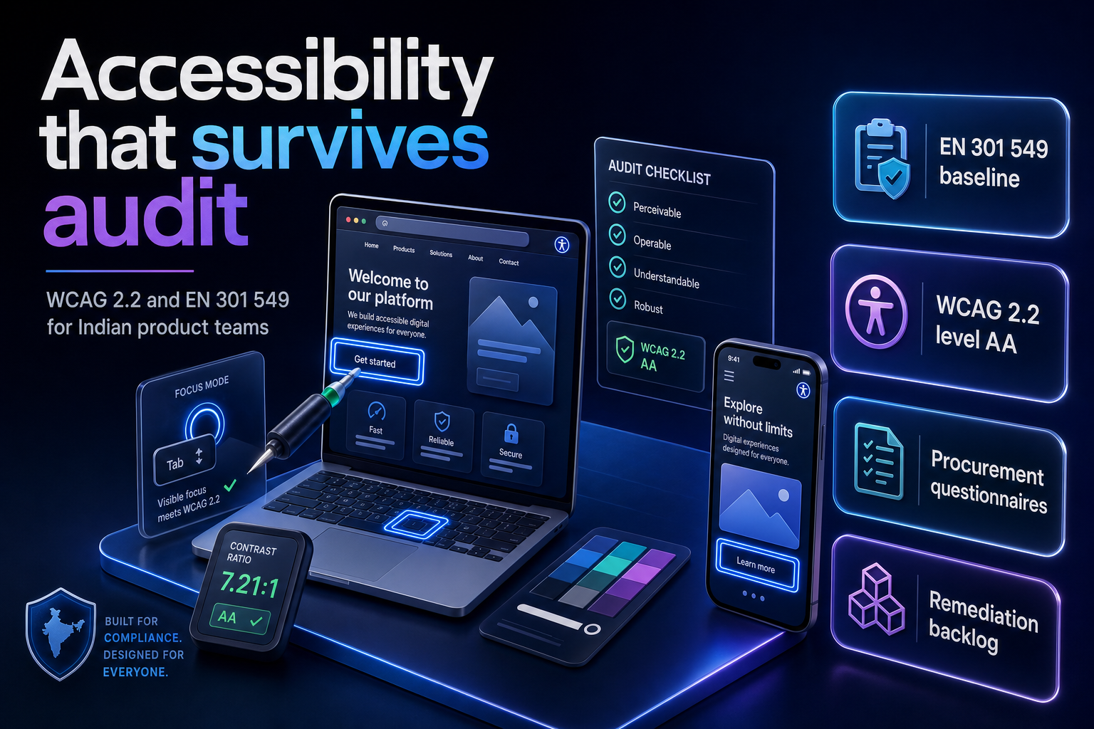 Isometric illustration of a web and mobile interface under accessibility inspection with keyboard focus rings and contrast c