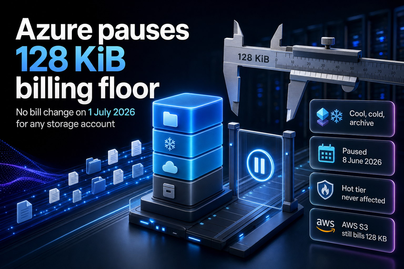 Isometric illustration of Azure storage tiers with small files stopped at a paused gate beside a 128 KiB caliper