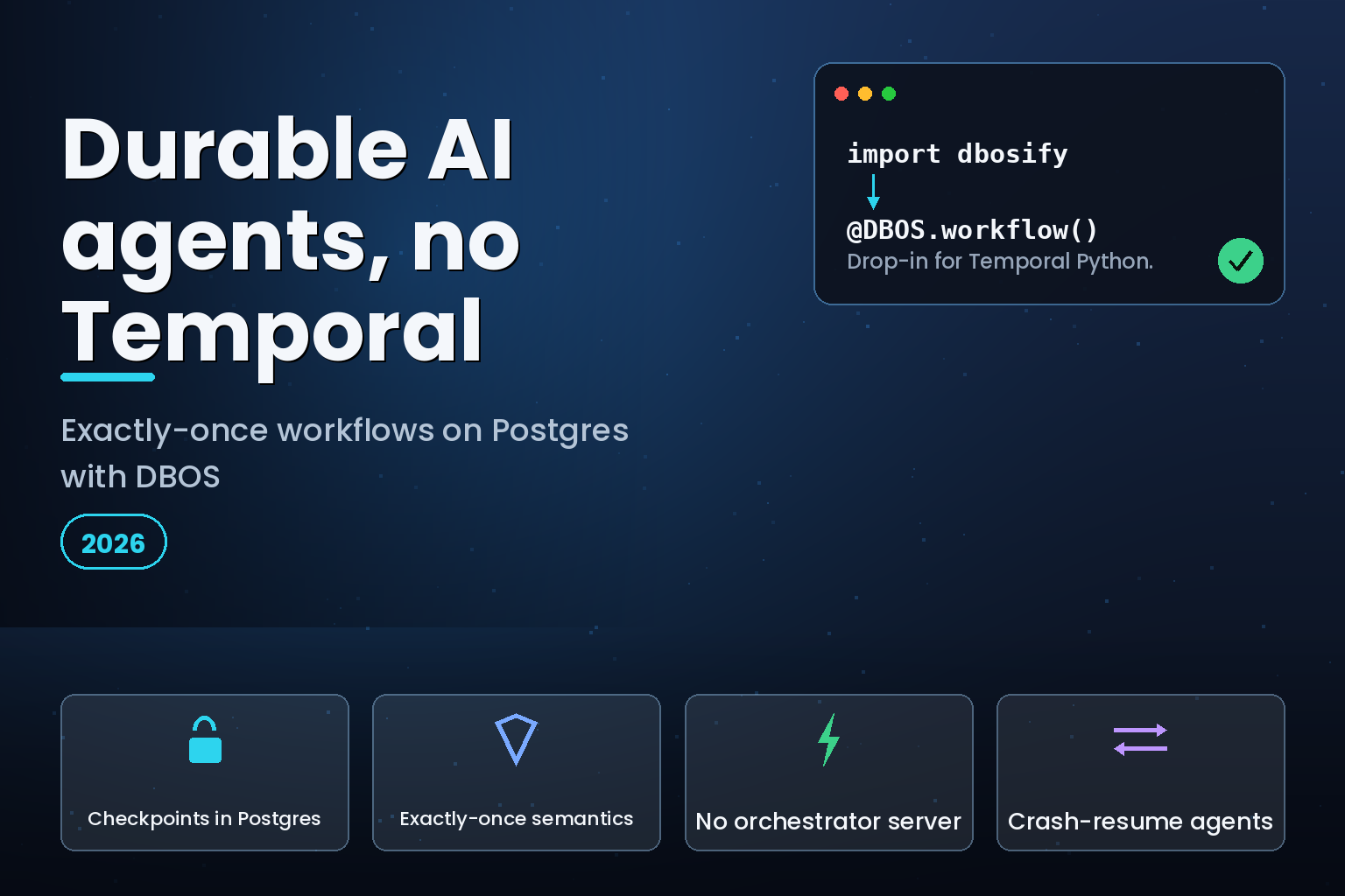 Editorial hero graphic for durable AI agents on Postgres with DBOS