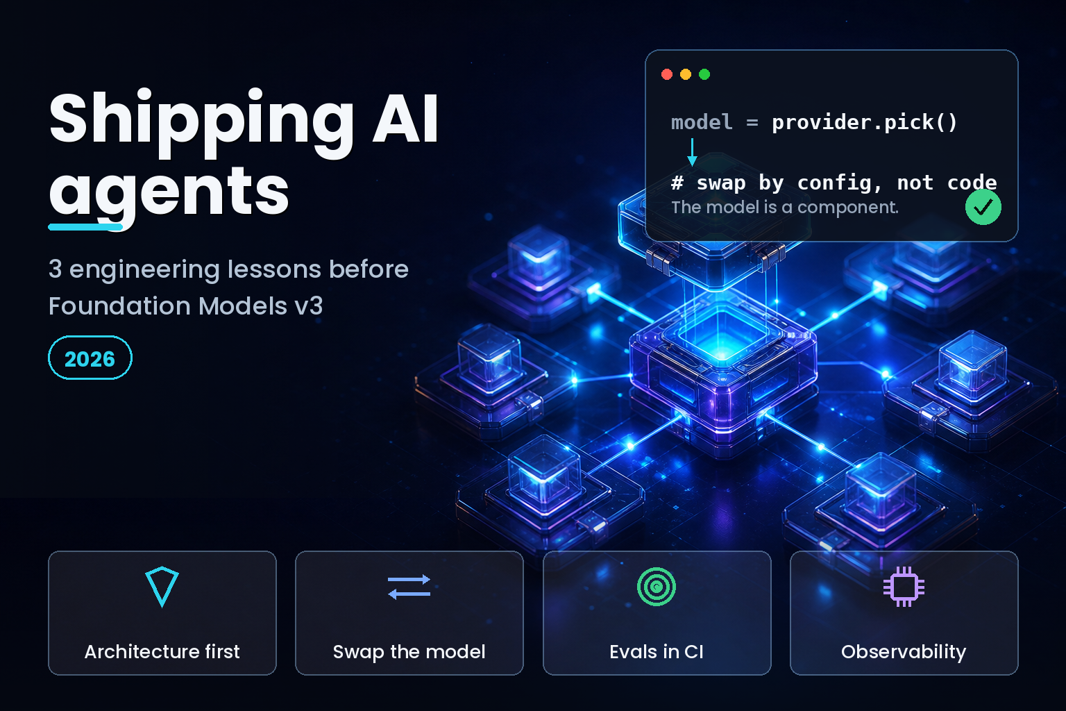 Abstract network of glowing nodes with one swappable central block on a dark background
