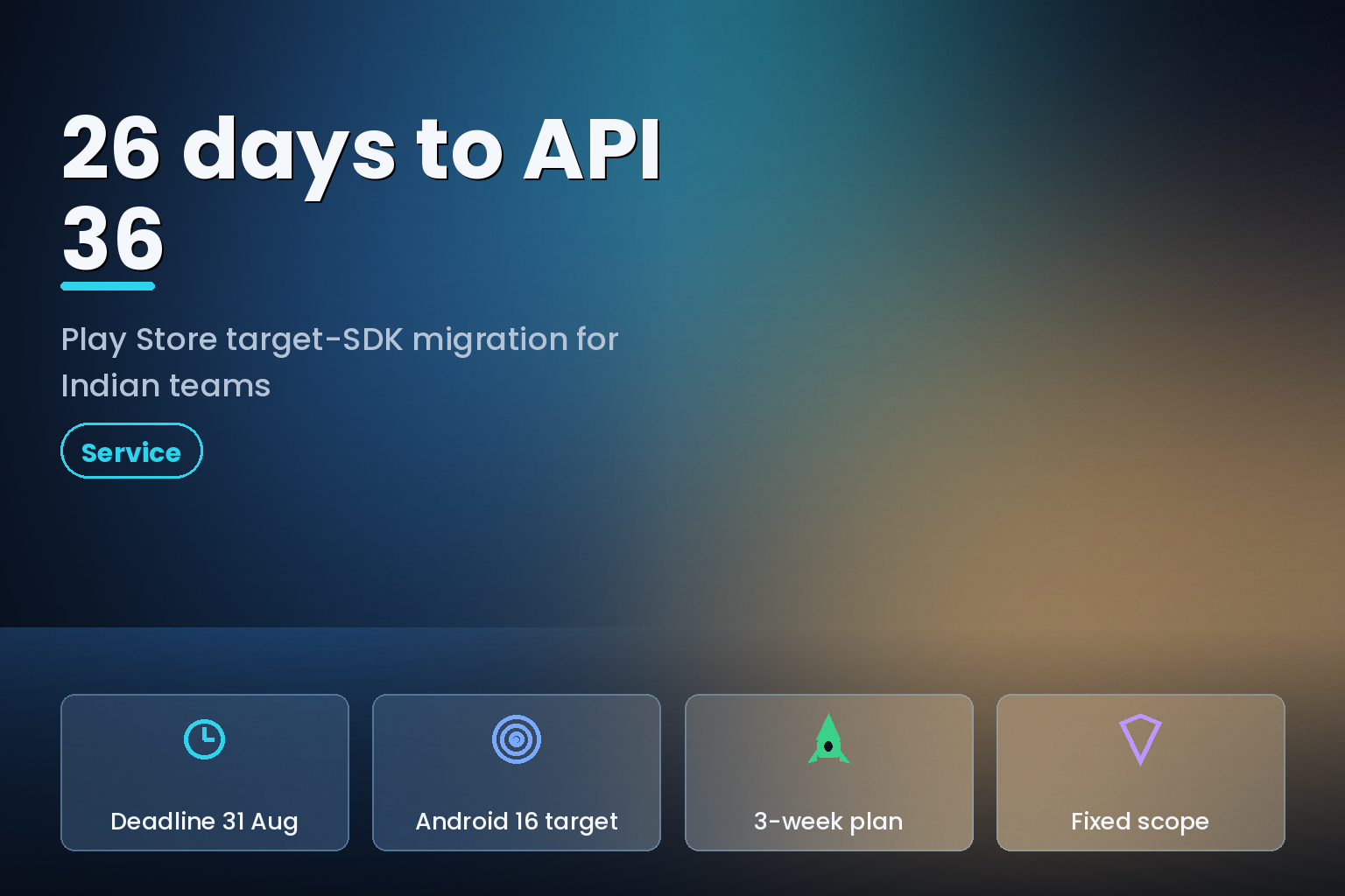 Hero graphic reading 26 days to API 36 with Play Store target-SDK migration highlights for Indian teams