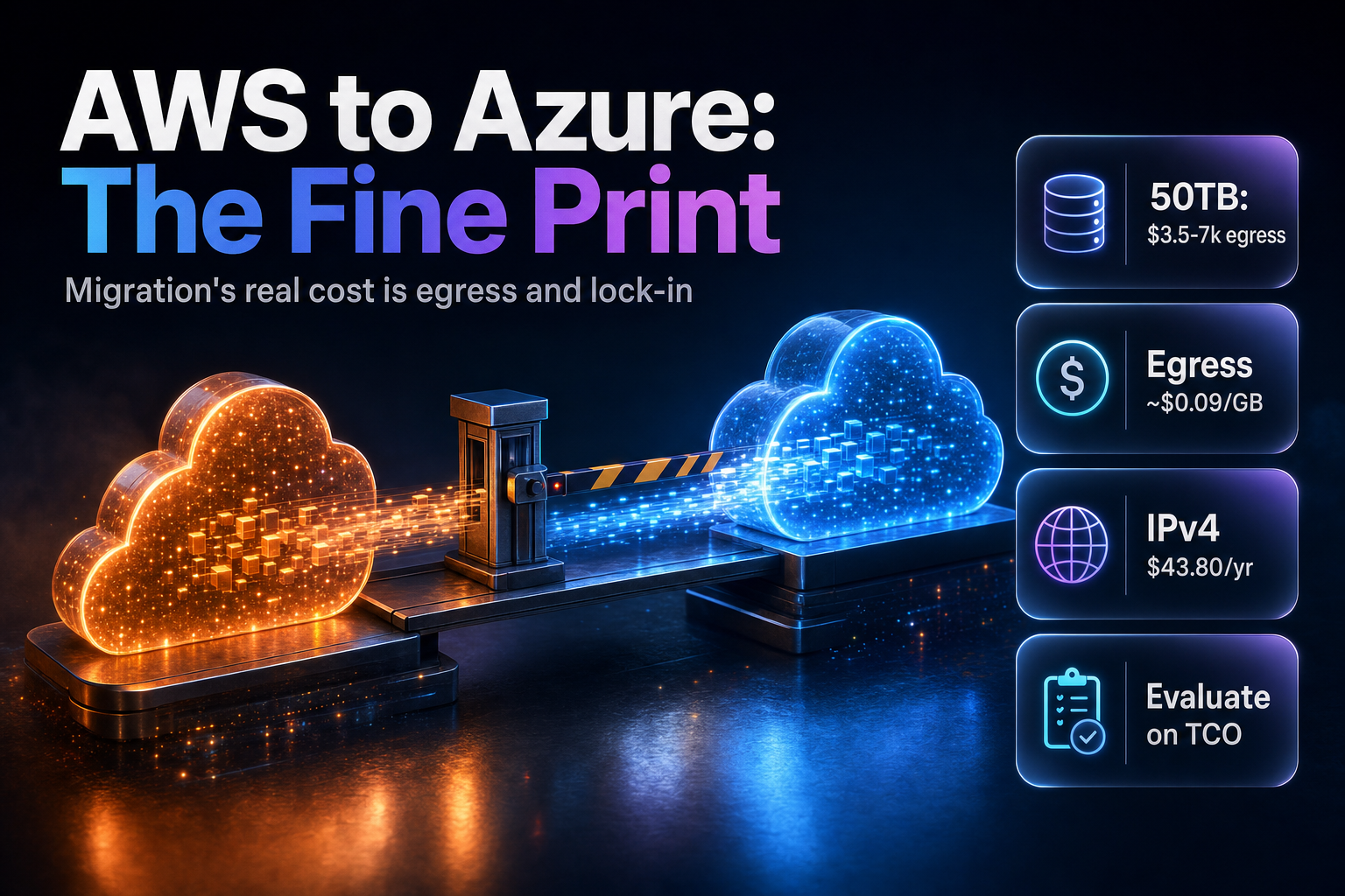 Two glowing cloud icons connected by a data bridge with a toll gate