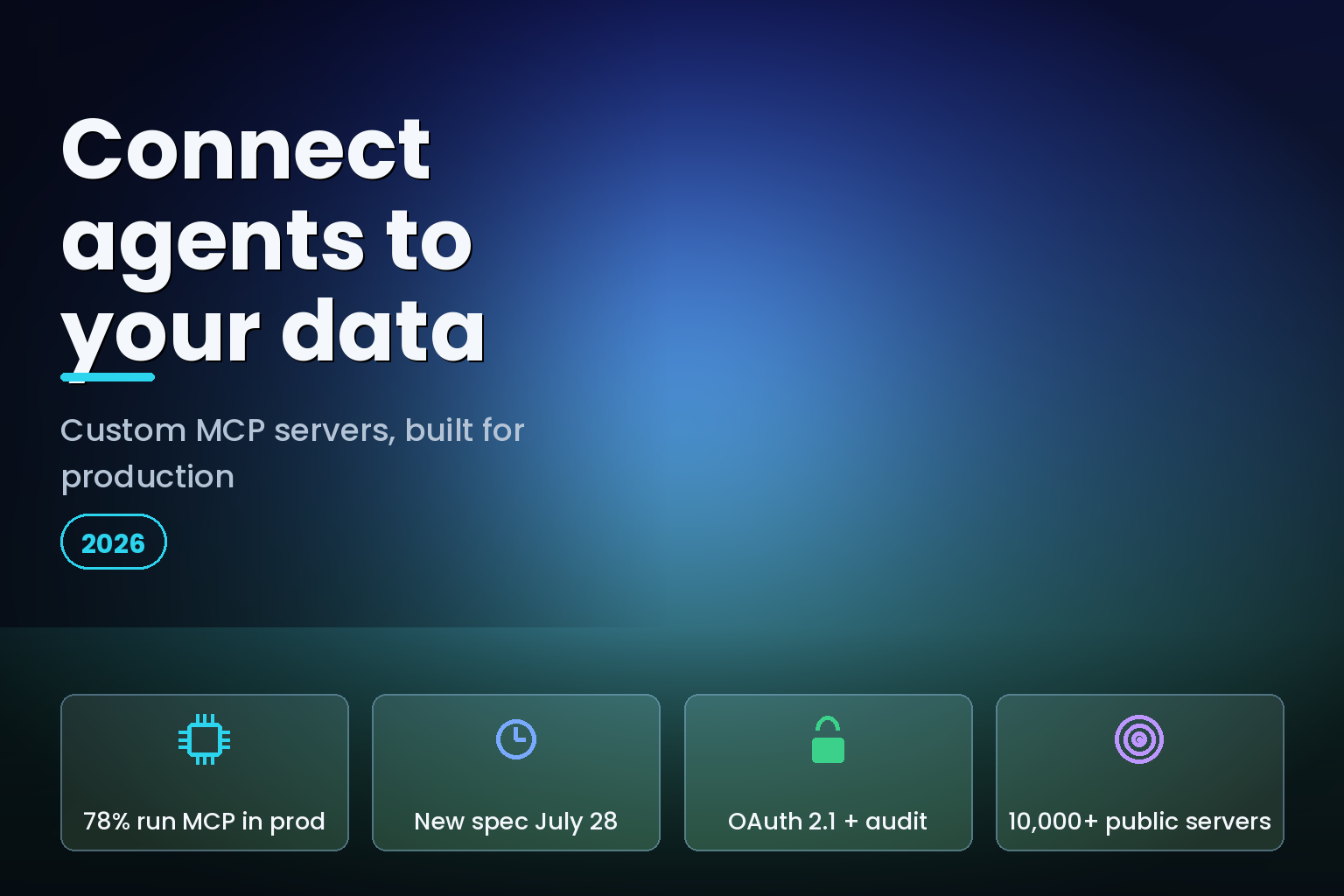 A glowing hub node linked to document, database and app icons on a dark surface