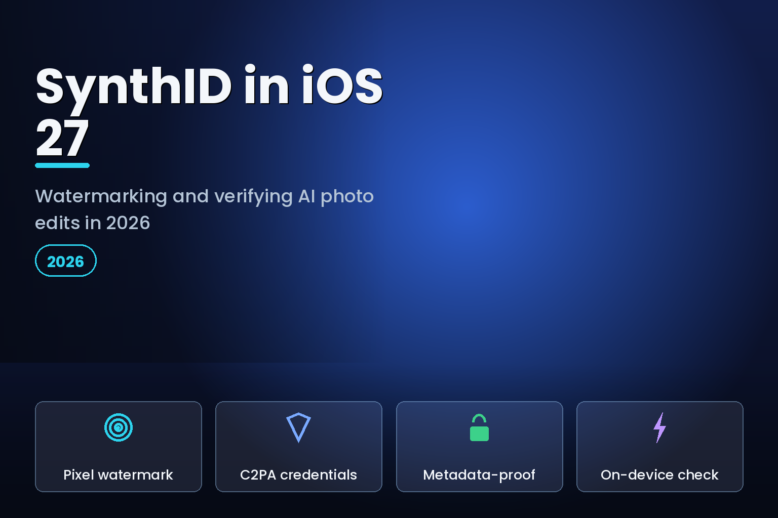 Glowing photo with a faint watermark pattern and a verification shield in dark studio light