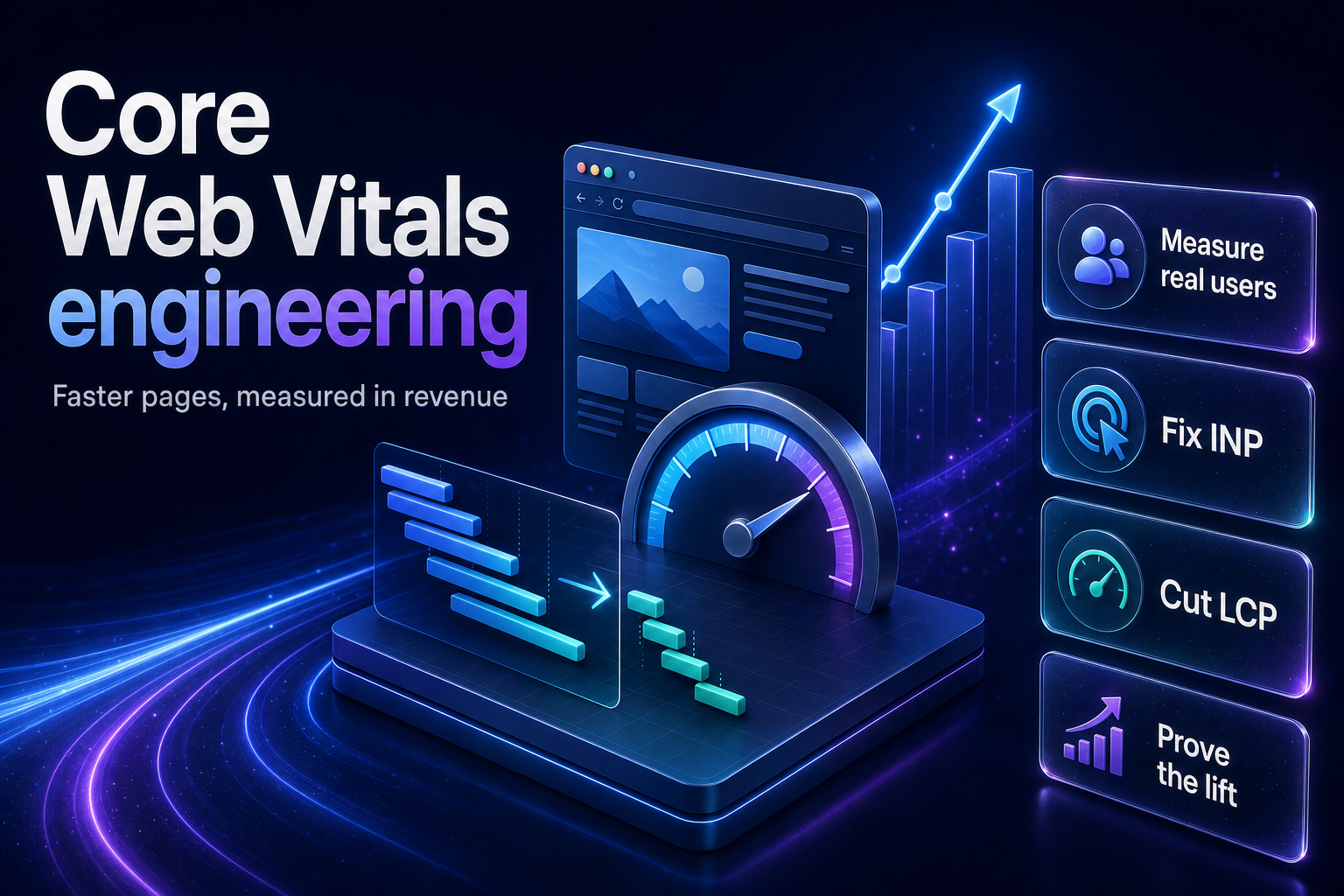 Isometric illustration of a browser on a speed dial with compressing waterfall bars and a rising revenue line