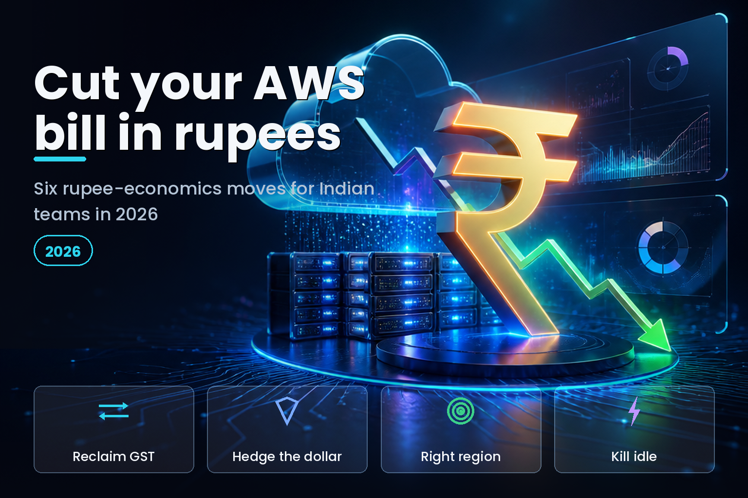 A glowing rupee symbol and downward cost line over a cloud-server motif on a dark background