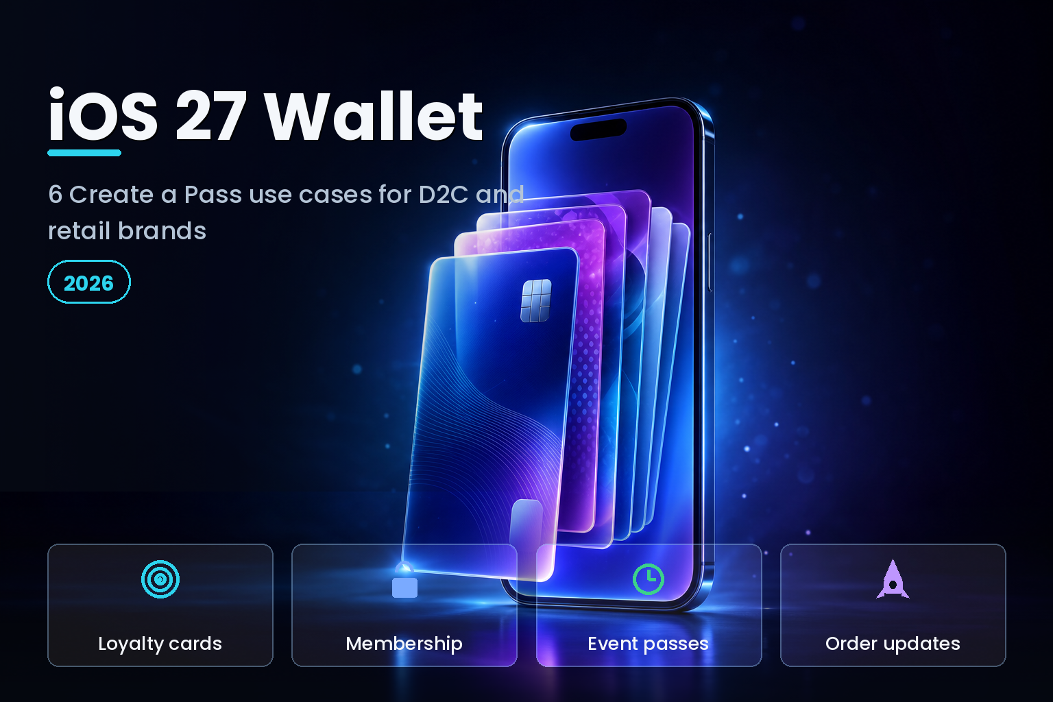 Smartphone with a fan of glowing digital wallet passes on a dark studio background