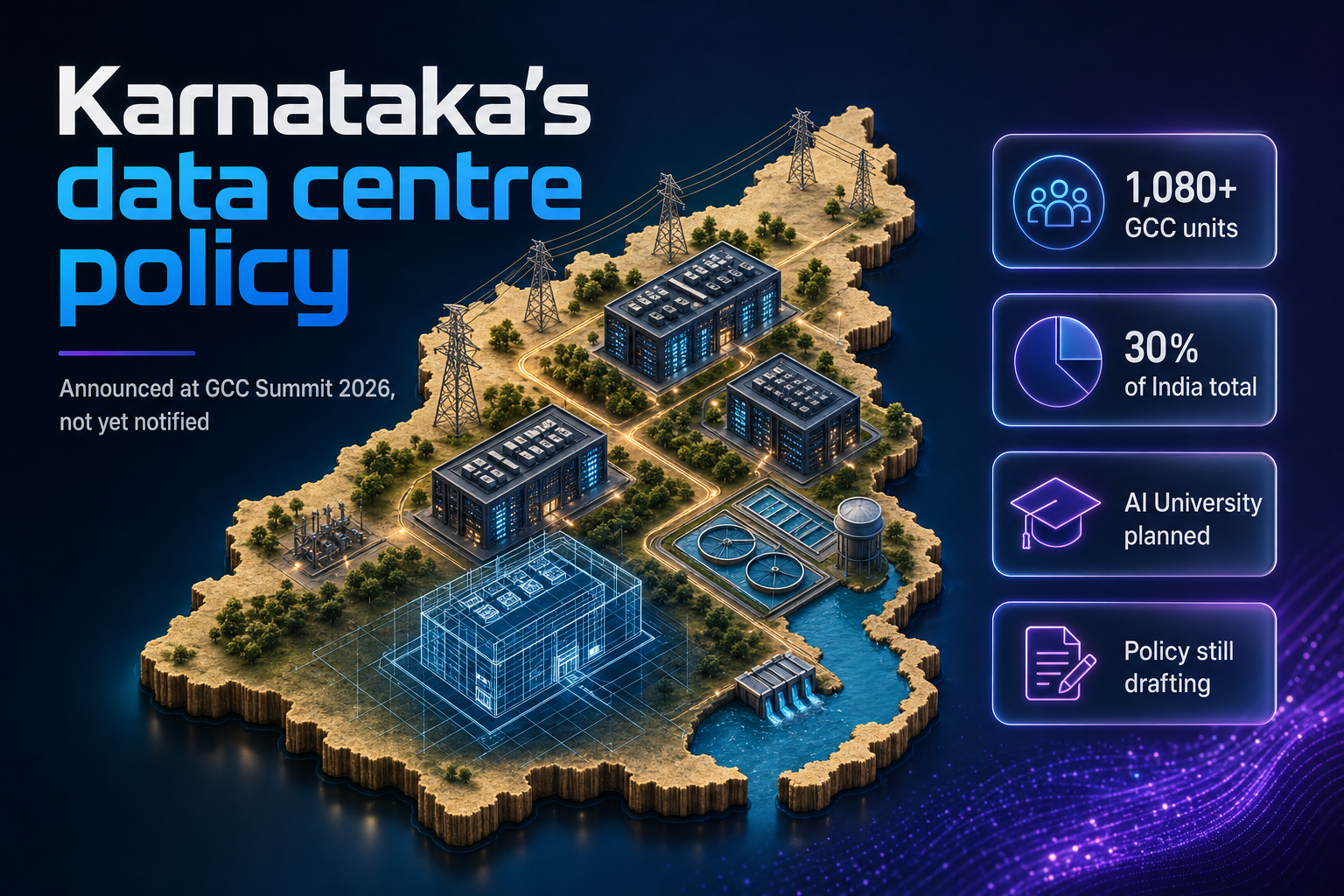 Isometric illustration of Karnataka data centre infrastructure with one building shown as an unbuilt blueprint outline