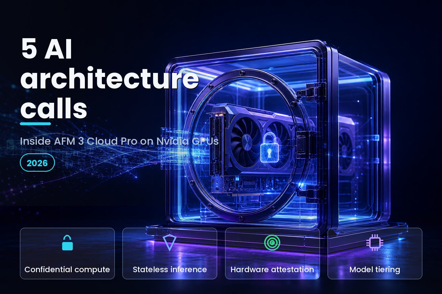 Abstract 3D GPU sealed in a glowing glass vault with encrypted data streams