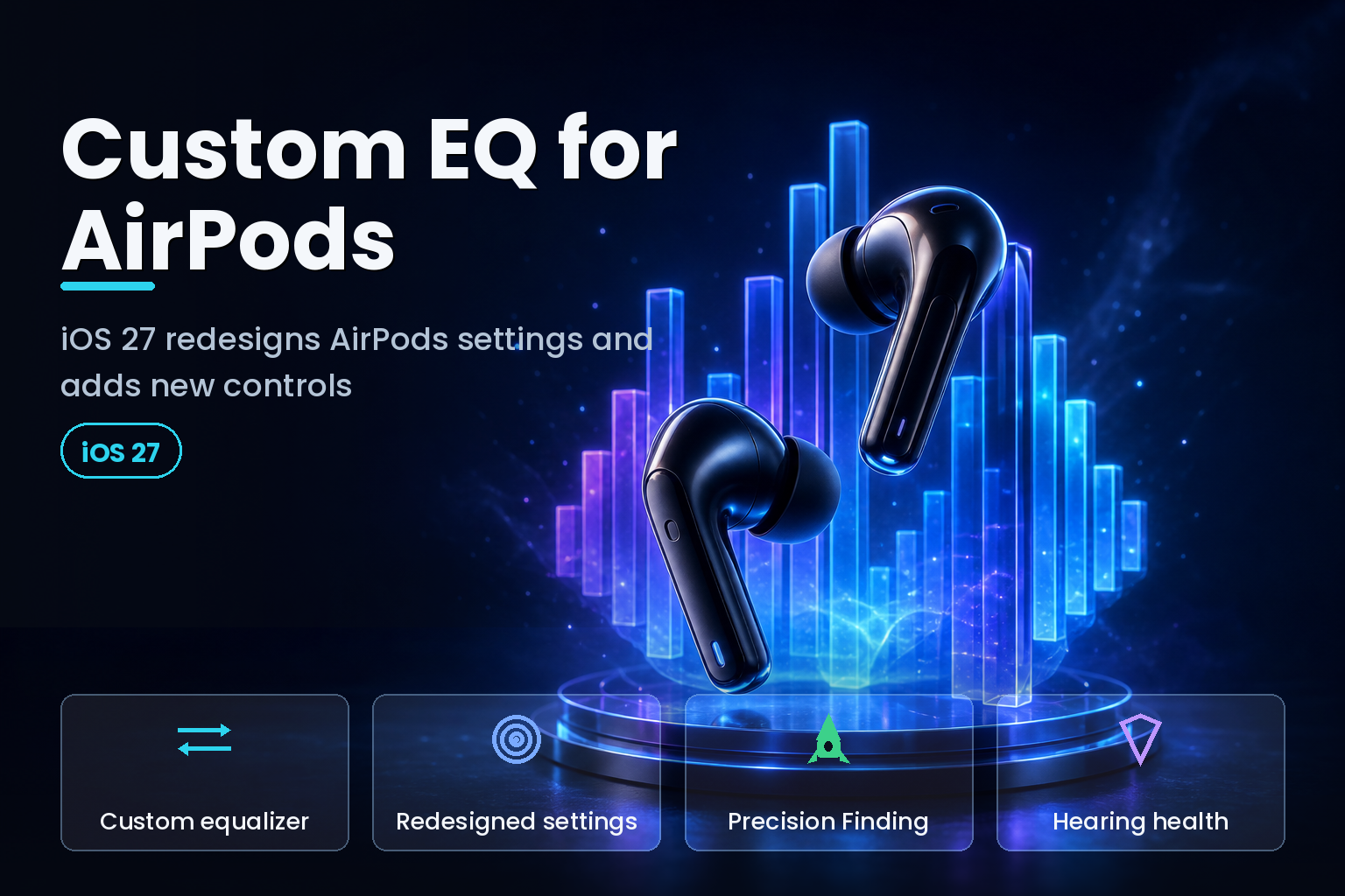 Premium wireless earbuds floating beside a glowing equalizer with sound bars on a dark backdrop