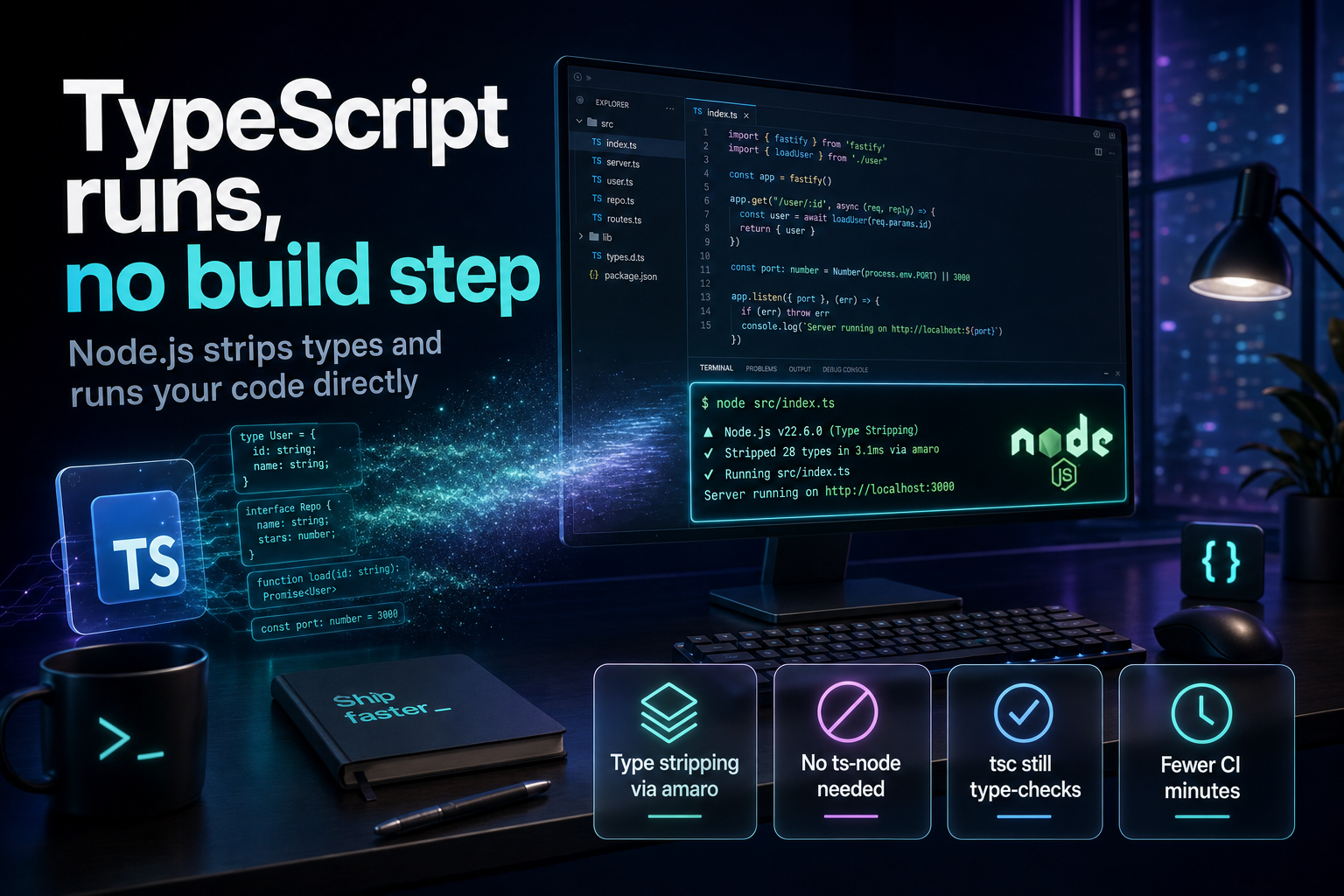 Developer monitor showing code and a glowing terminal at night