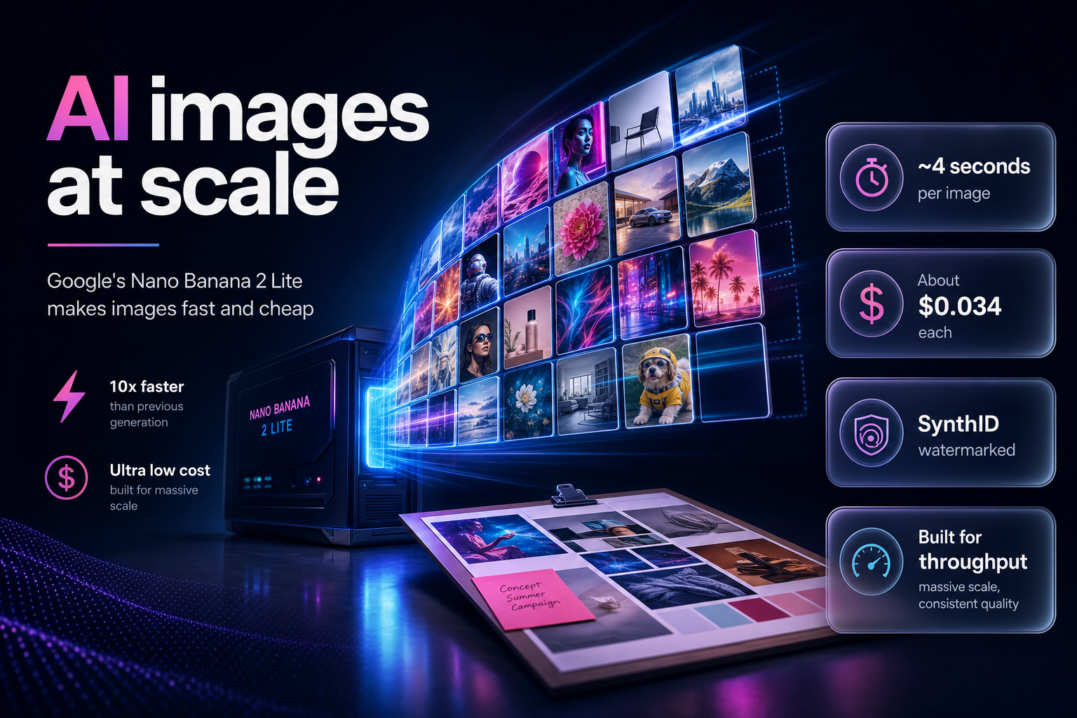 Grid of AI-generated image thumbnails streaming from a generator onto a moodboard