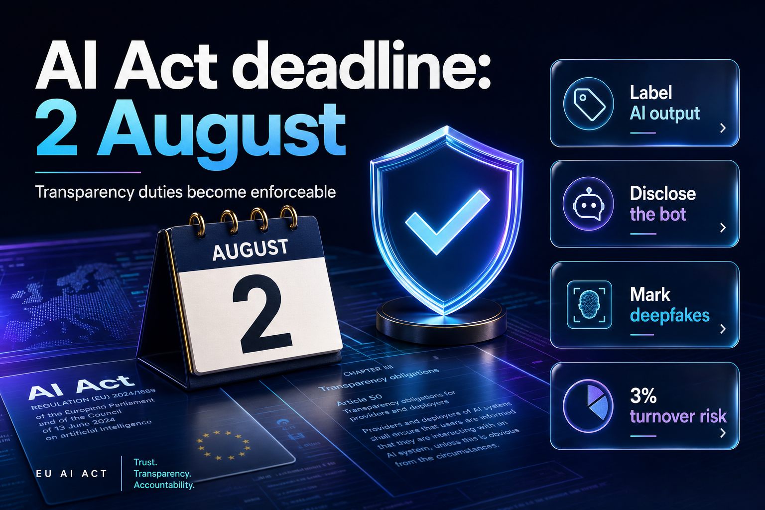 Calendar and compliance shield illustrating the EU AI Act Article 50 transparency deadline of 2 August 2026