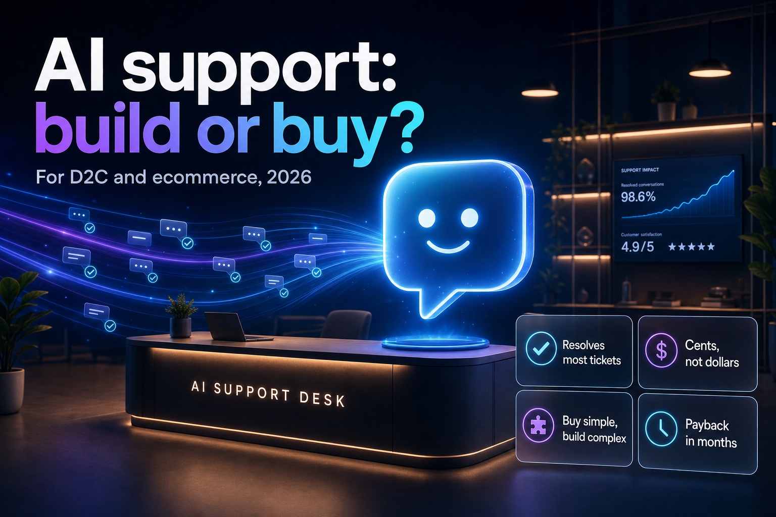 A glowing chat-bubble icon above a modern support desk