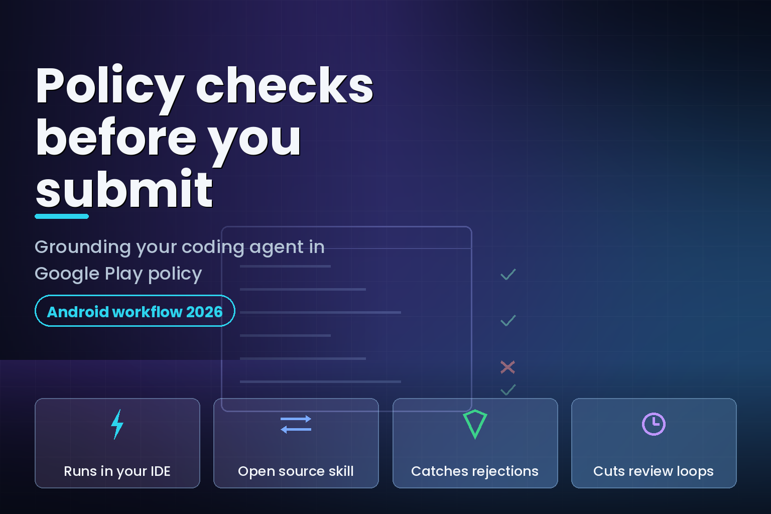 Code editor with a policy checklist panel flagging issues before an Android release