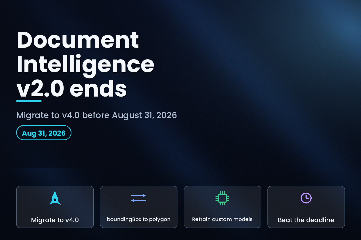 Dark data center graphic titled Document Intelligence v2.0 ends with migration steps