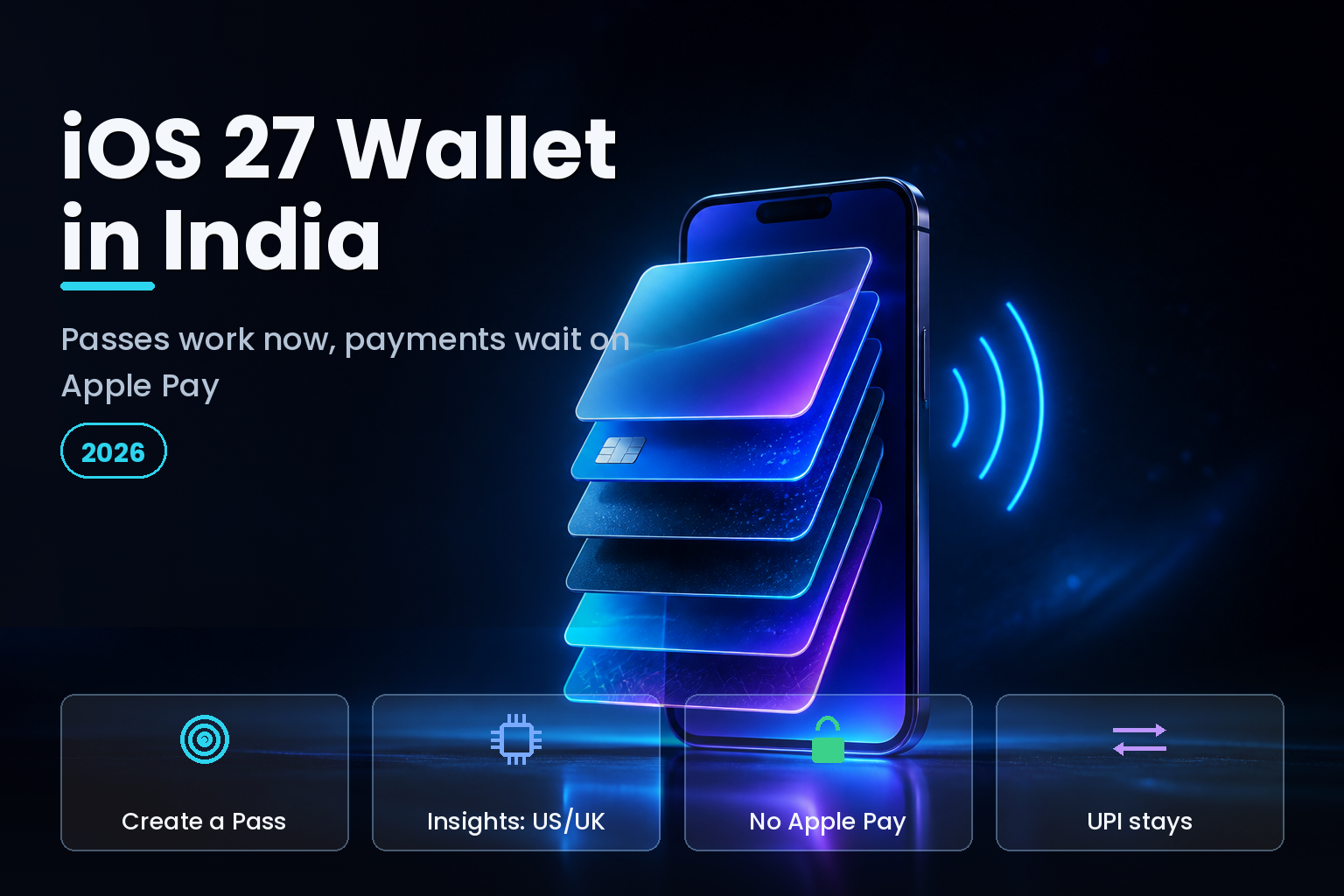 A smartphone on a dark surface with a fan of glowing digital wallet cards rising above it