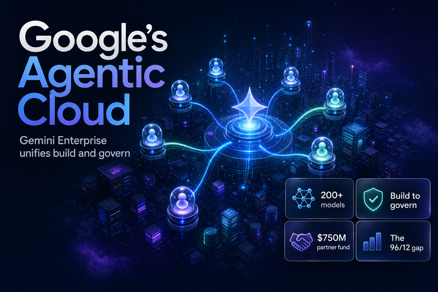 A glowing central hub connecting many small agent nodes across an enterprise