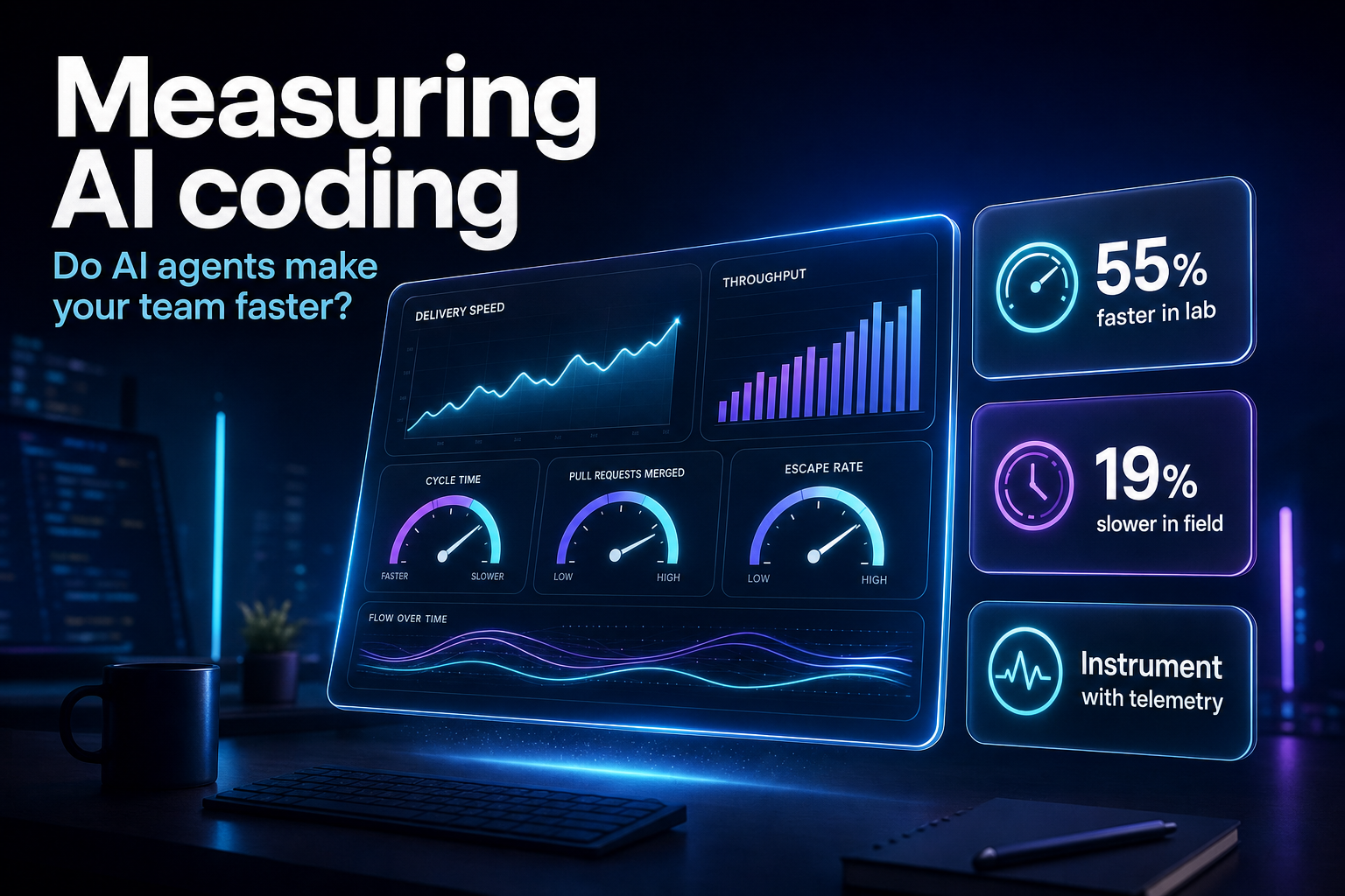Floating analytics dashboard with charts and gauges above a dark developer desk
