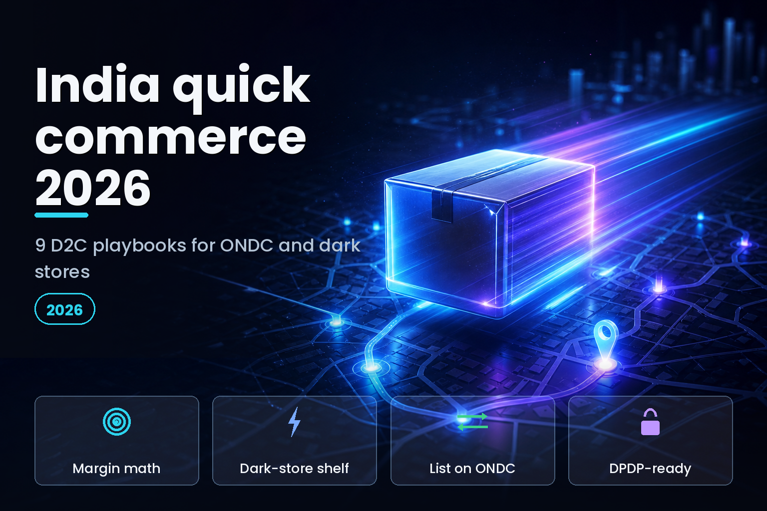 Glowing delivery parcel with light trails over a dark stylised city map grid