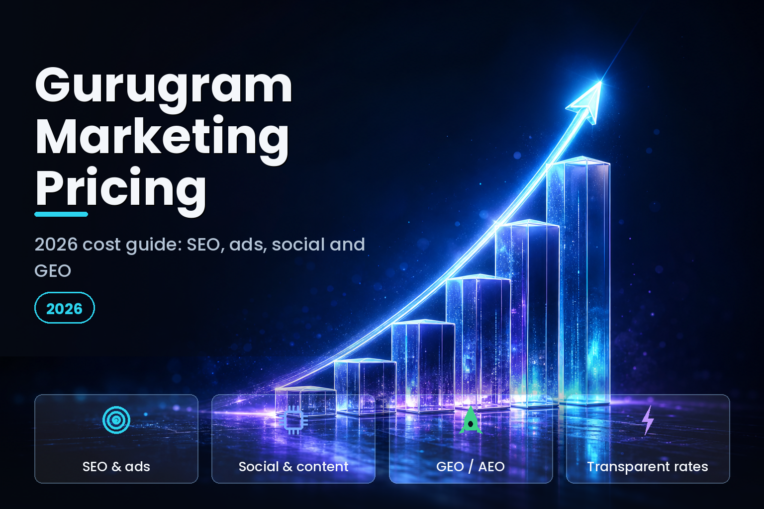 Ascending glowing 3D bar chart blocks with a rising arrow of light